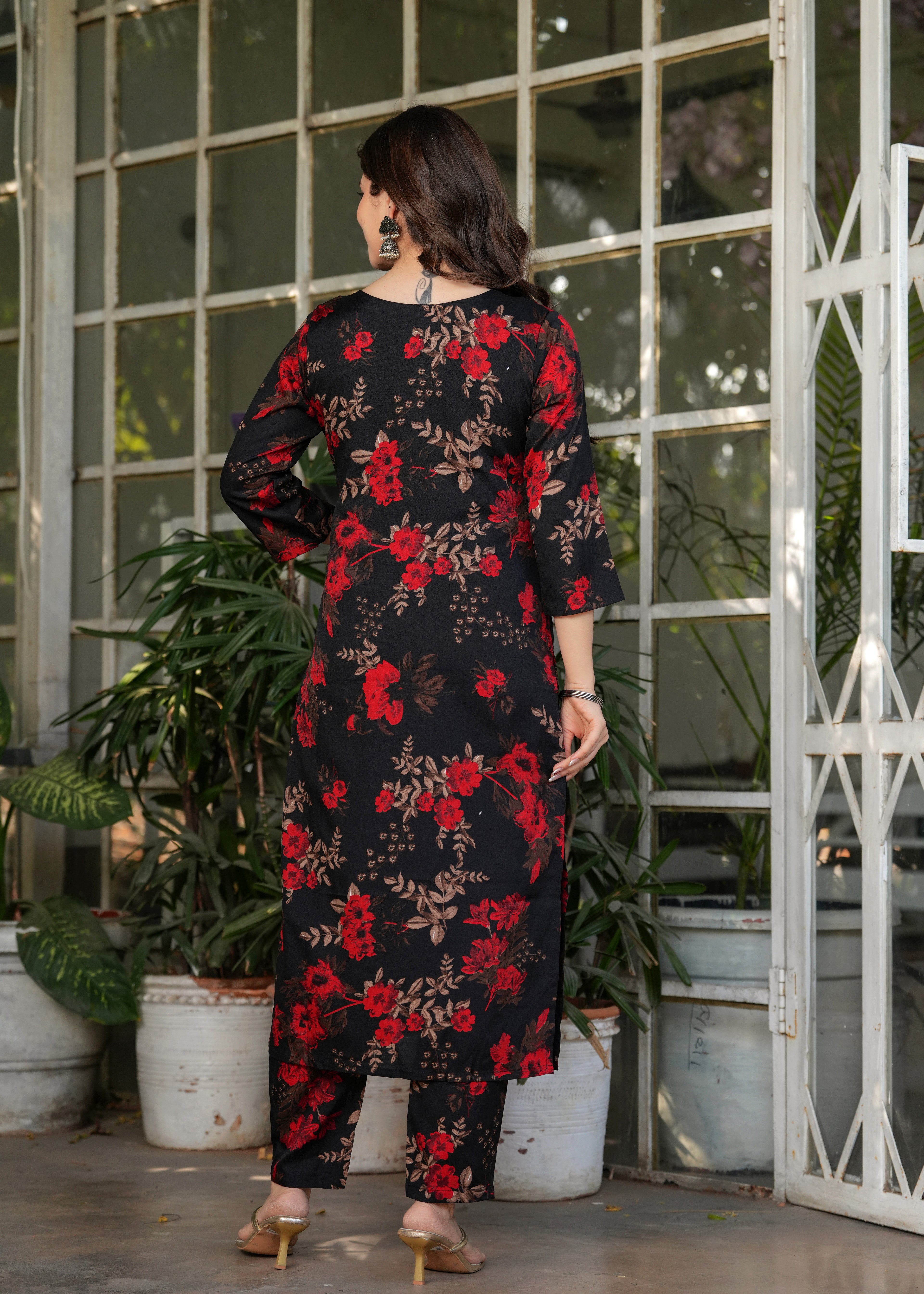Women's Black  Floral Print Kurta Set with Dupatta, Black and Red, Traditional Indian Ethnic Wear