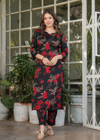 Women's Black  Floral Print Kurta Set with Dupatta, Black and Red, Traditional Indian Ethnic Wear