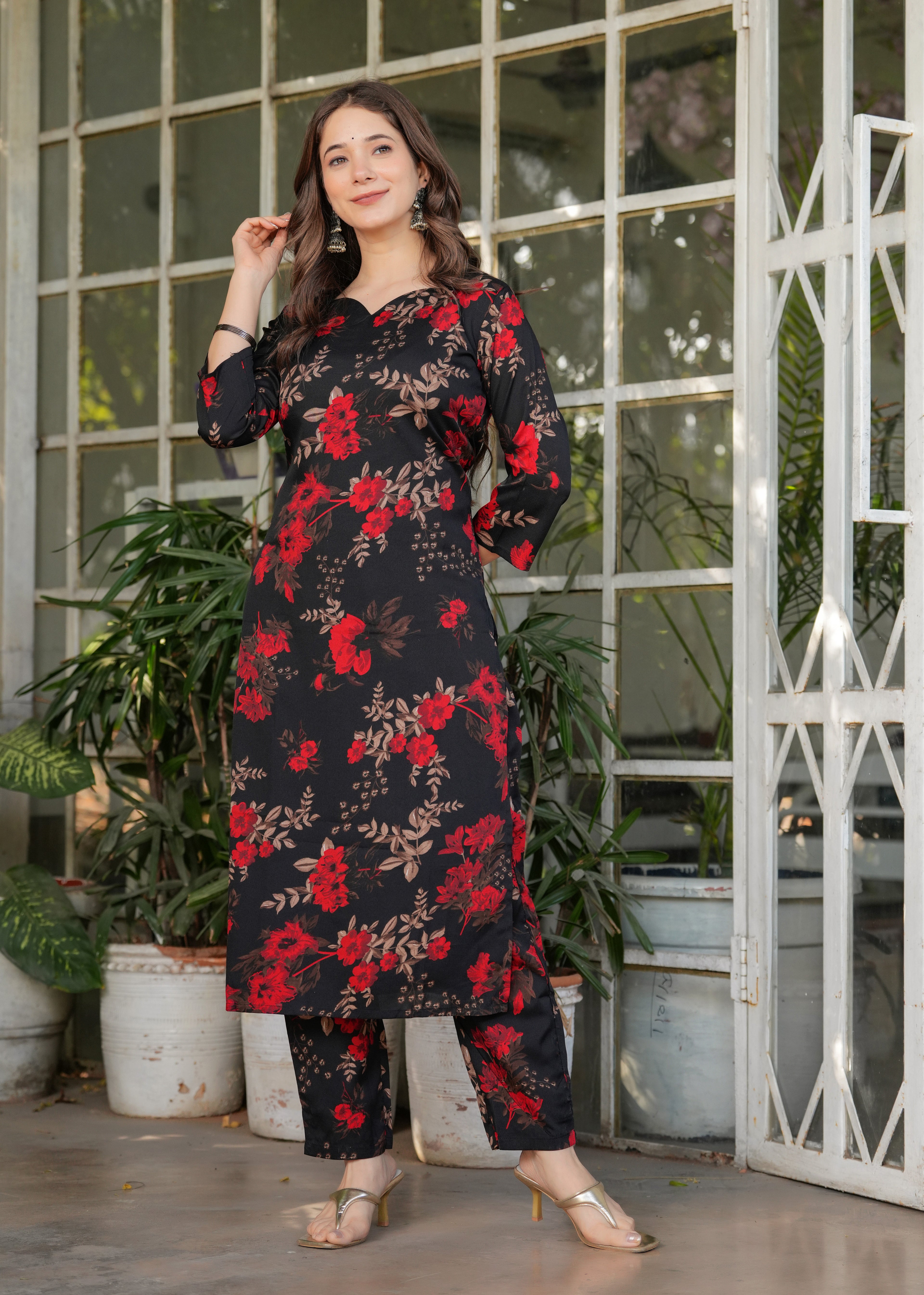 Women's Black  Floral Print Kurta Set with Dupatta, Black and Red, Traditional Indian Ethnic Wear