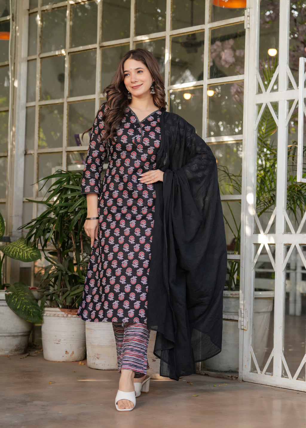 Women's Black Cotton Kurta Set with Red Floral Print, V-Neck, 3/4 Sleeve, 3-Piece Set with Dupatta