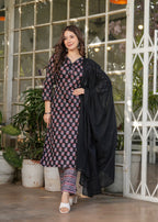 Women's Black Cotton Kurta Set with Red Floral Print, V-Neck, 3/4 Sleeve, 3-Piece Set with Dupatta