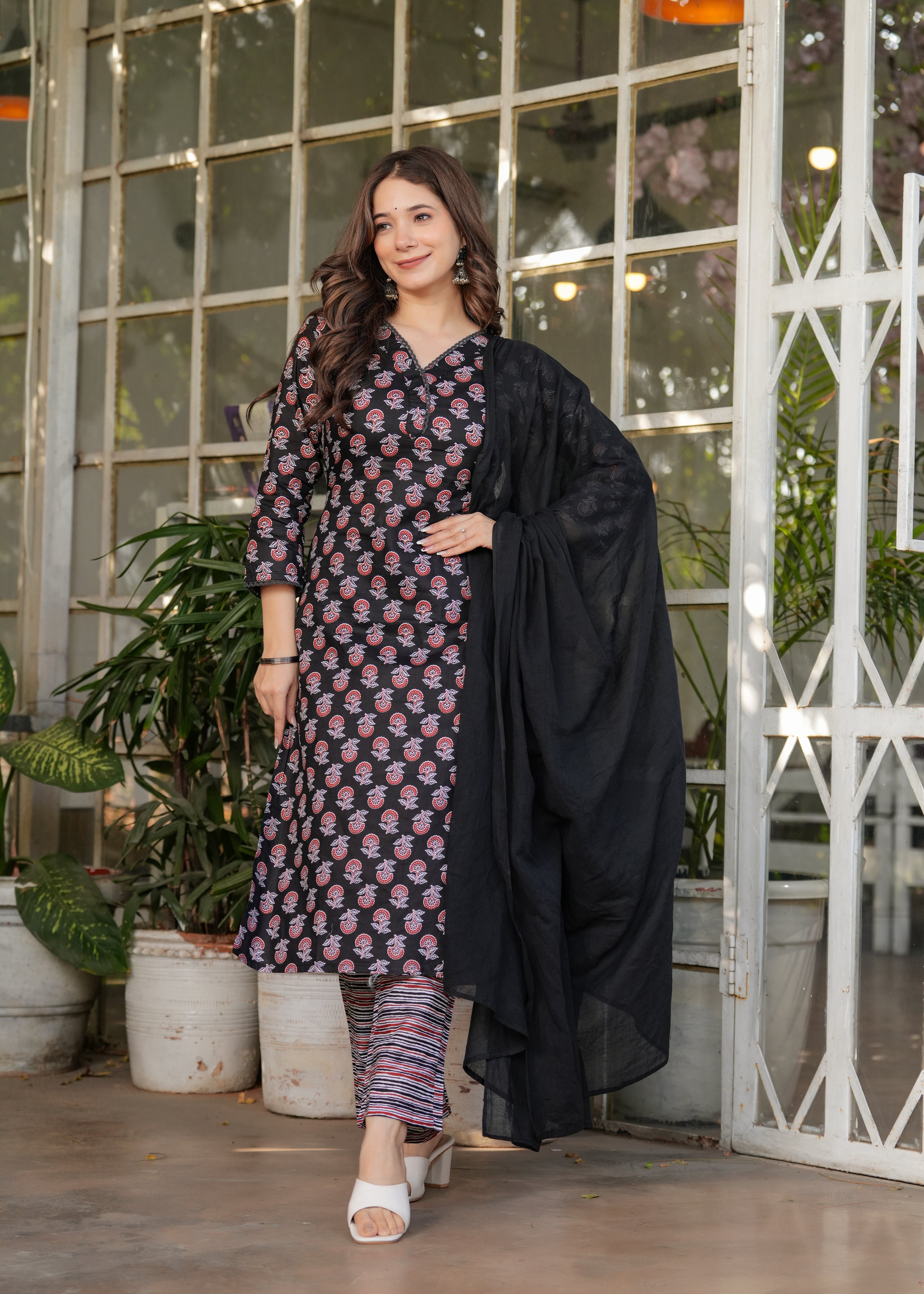 Women's Black Cotton Kurta Set with Red Floral Print, V-Neck, 3/4 Sleeve, 3-Piece Set with Dupatta