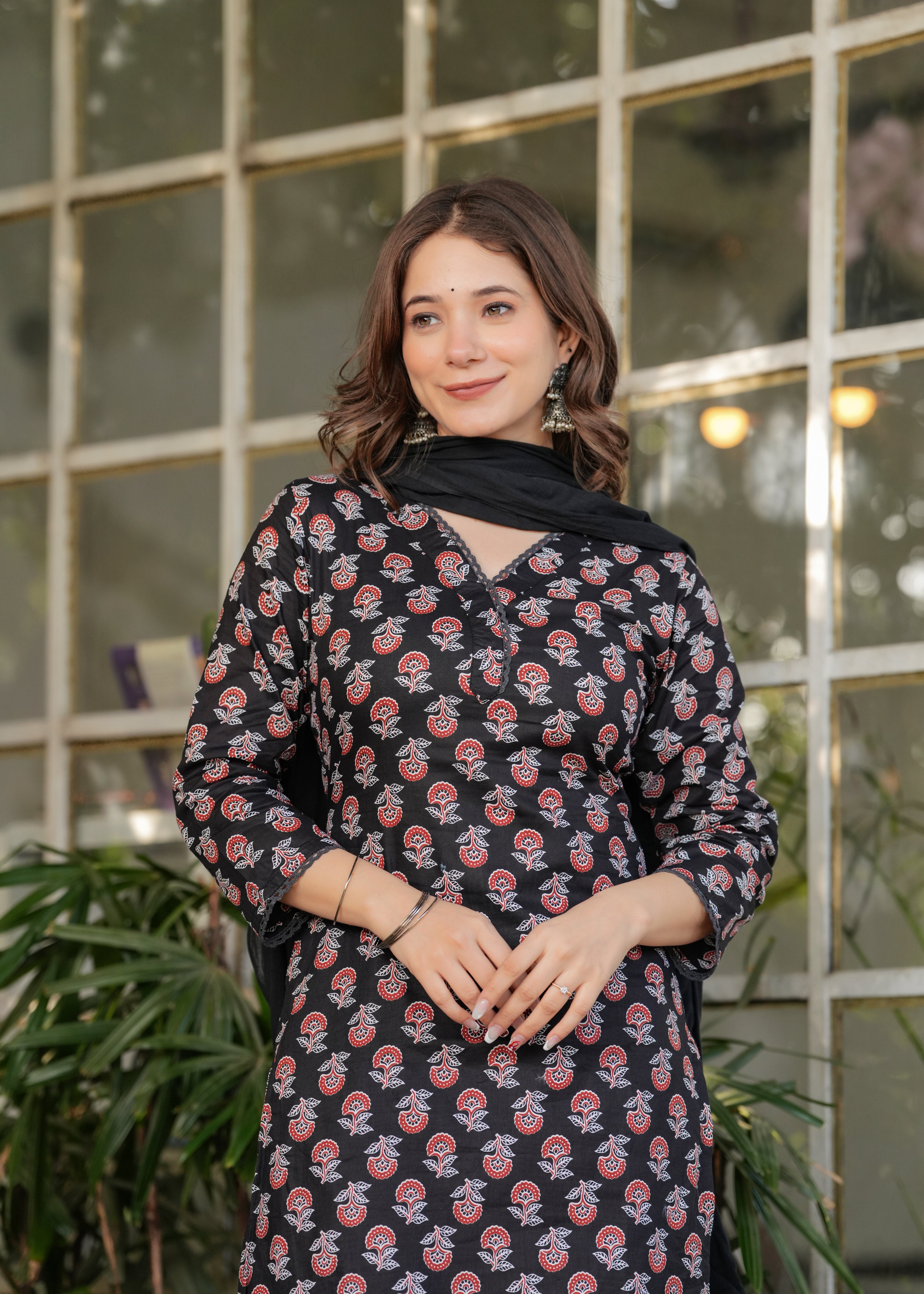Women's Black Cotton Kurta Set with Red Floral Print, V-Neck, 3/4 Sleeve, 3-Piece Set with Dupatta