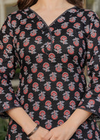 Women's Black Cotton Kurta Set with Red Floral Print, V-Neck, 3/4 Sleeve, 3-Piece Set with Dupatta