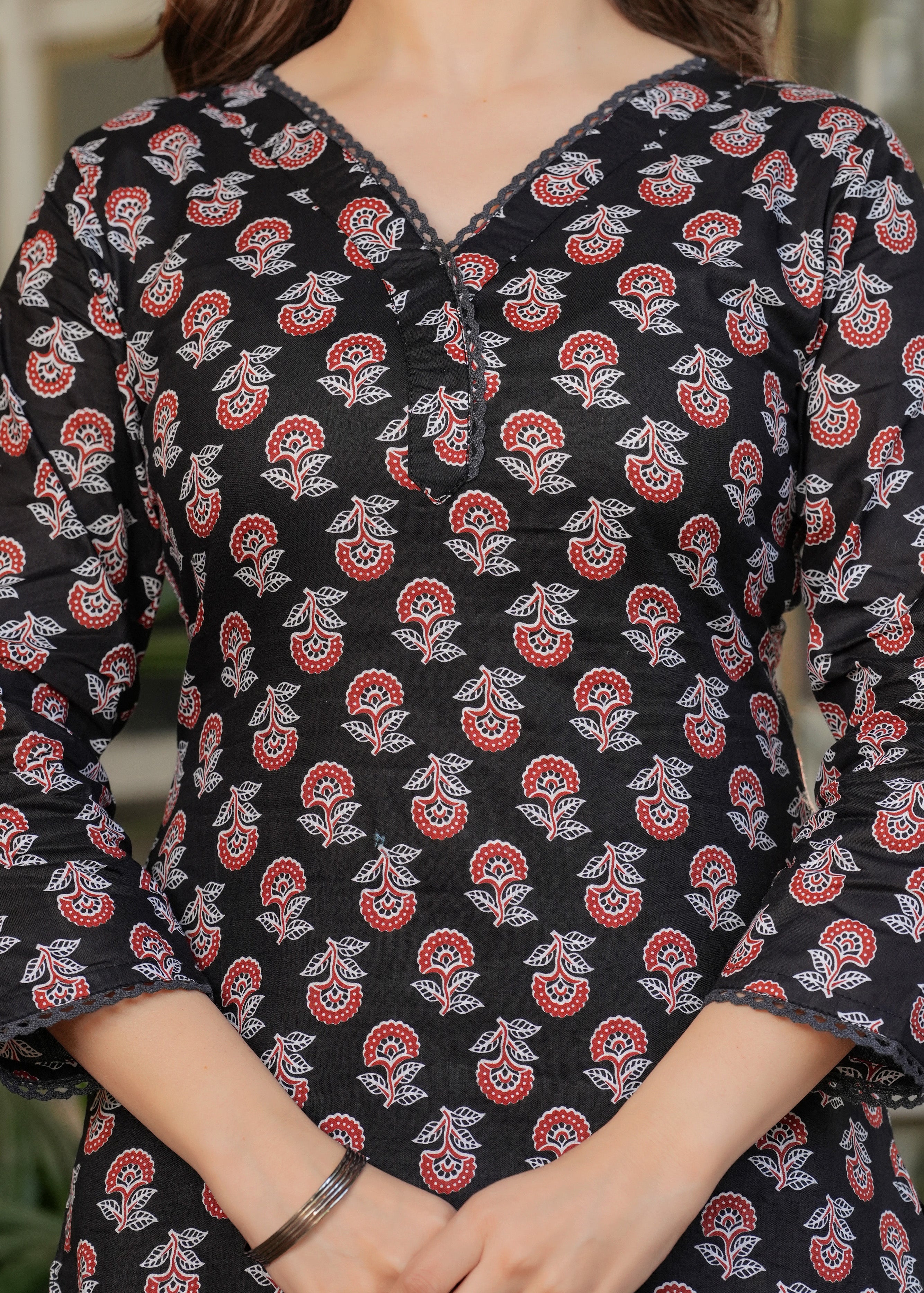 Women's Black Cotton Kurta Set with Red Floral Print, V-Neck, 3/4 Sleeve, 3-Piece Set with Dupatta