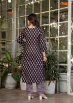 Women's Black Cotton Kurta Set with Red Floral Print, V-Neck, 3/4 Sleeve, 3-Piece Set with Dupatta