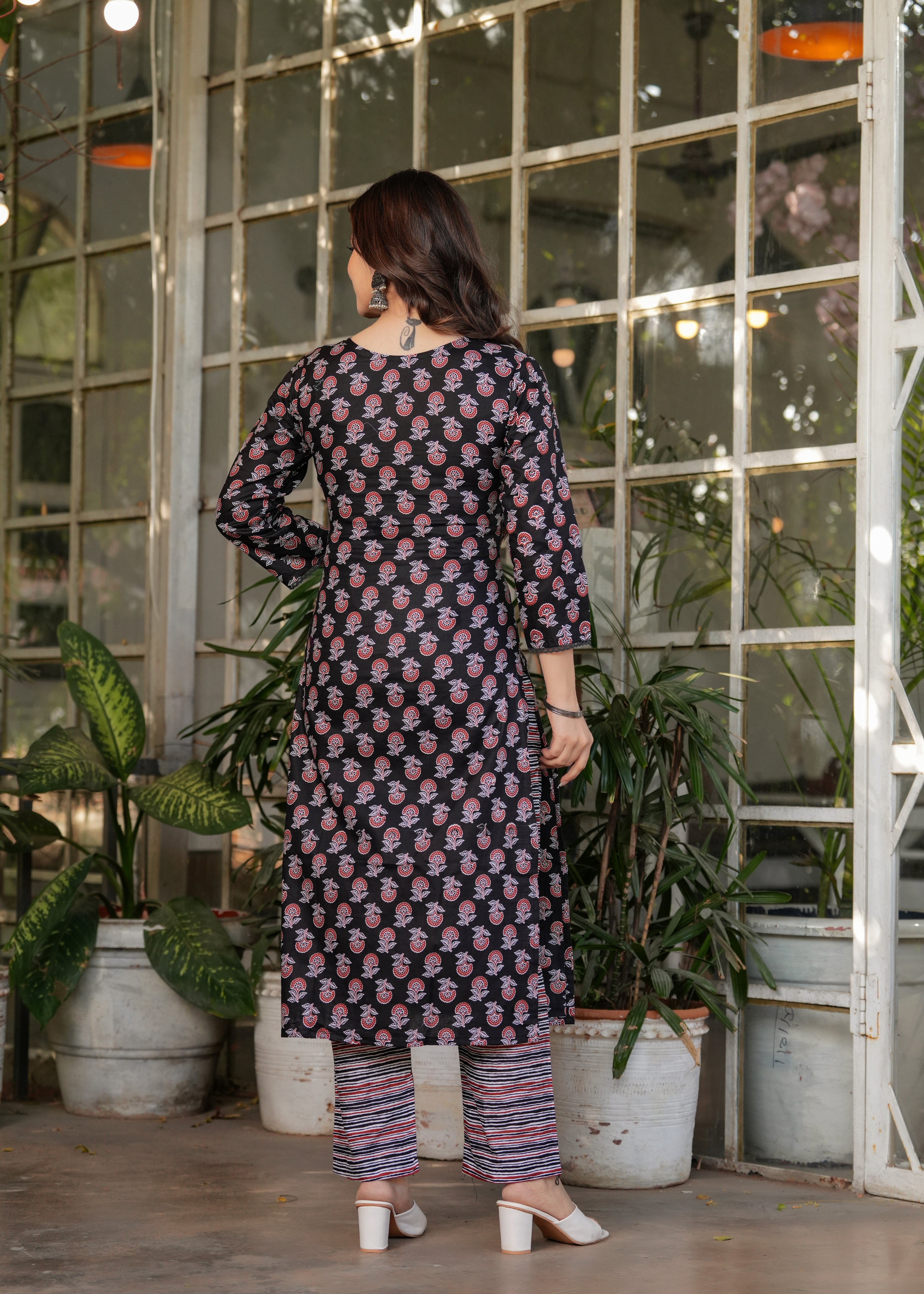 Women's Black Cotton Kurta Set with Red Floral Print, V-Neck, 3/4 Sleeve, 3-Piece Set with Dupatta