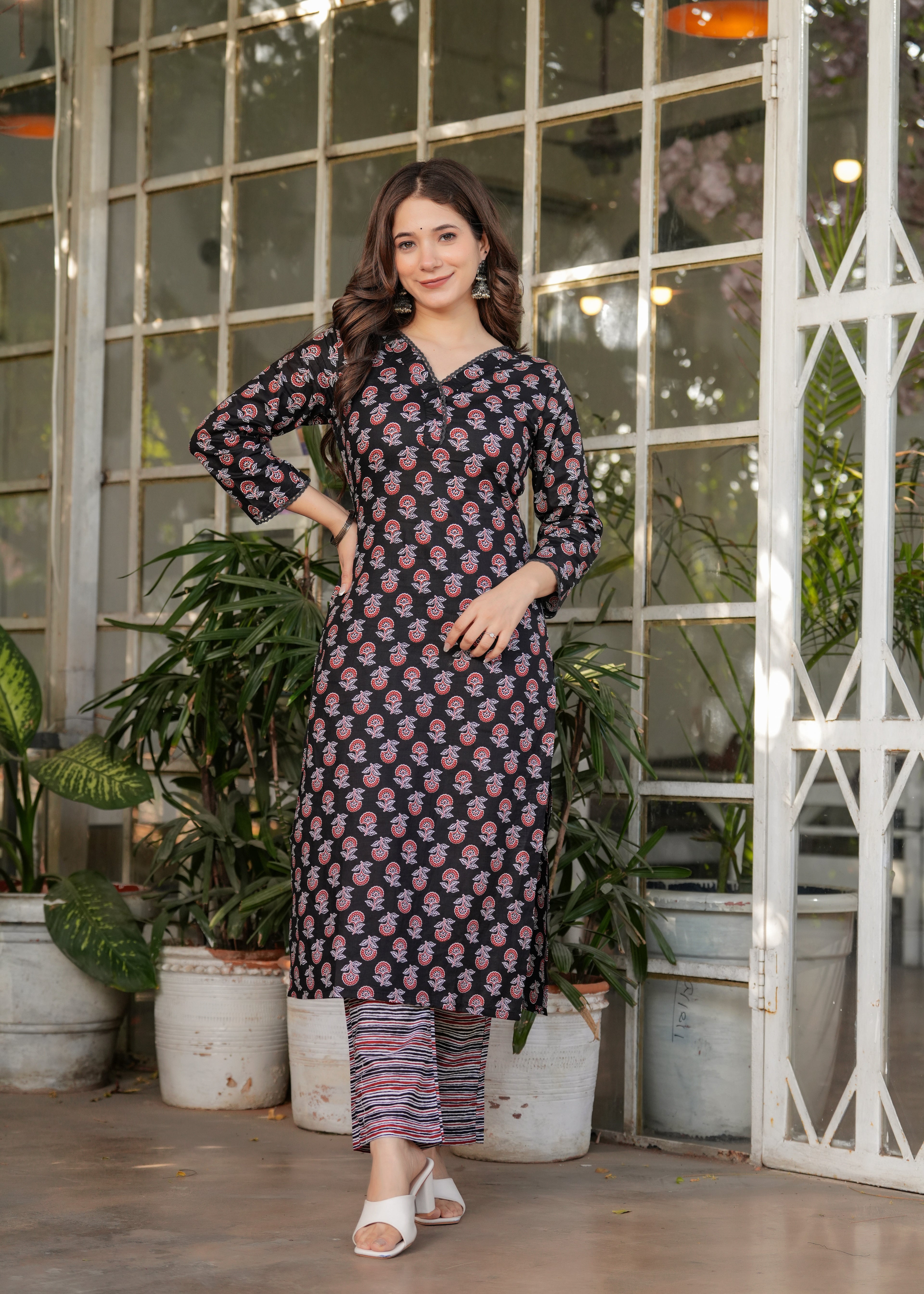 Women's Black Cotton Kurta Set with Red Floral Print, V-Neck, 3/4 Sleeve, 3-Piece Set with Dupatta