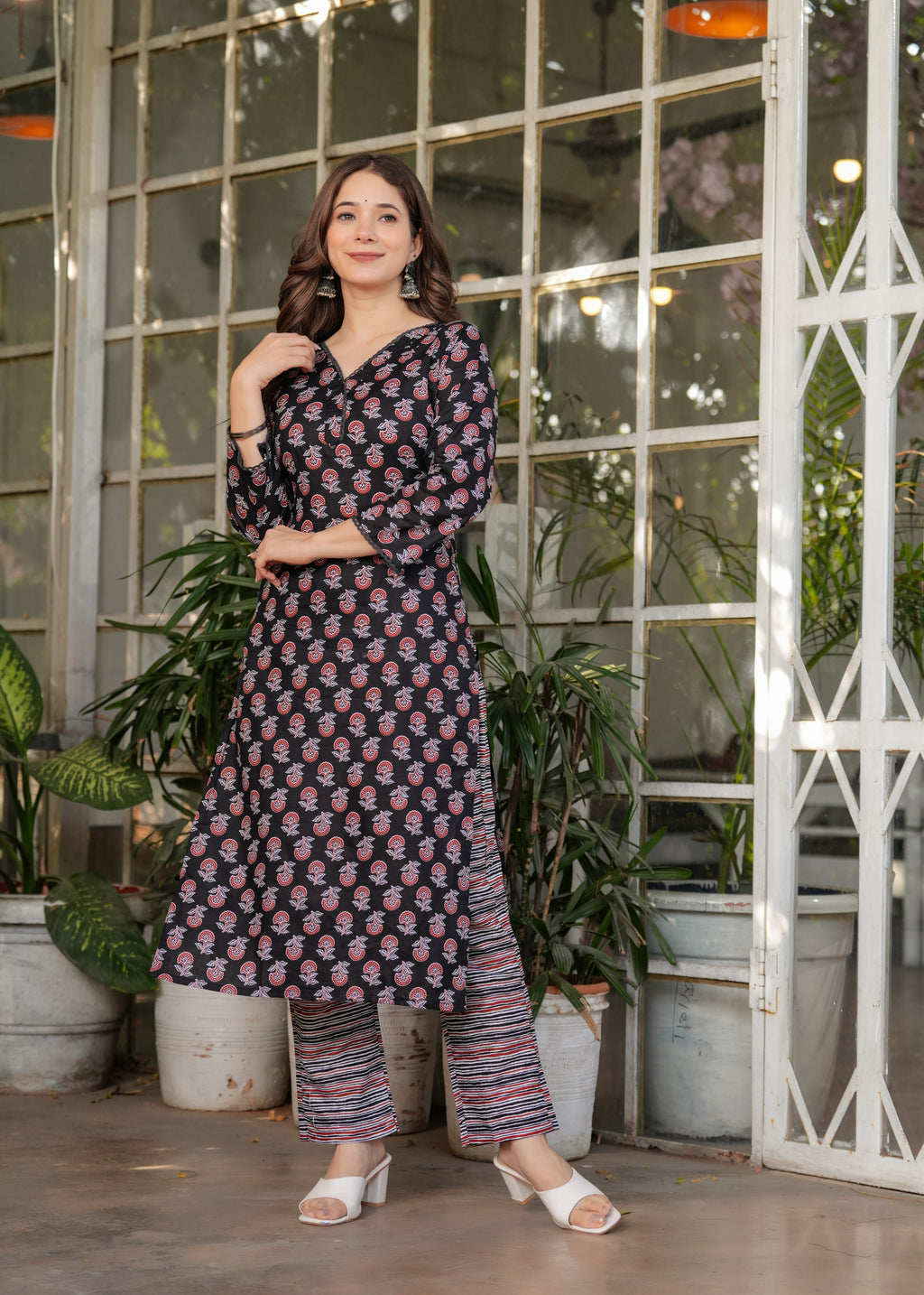 Women's Black Cotton Kurta Set with Red Floral Print, V-Neck, 3/4 Sleeve, 3-Piece Set with Dupatta