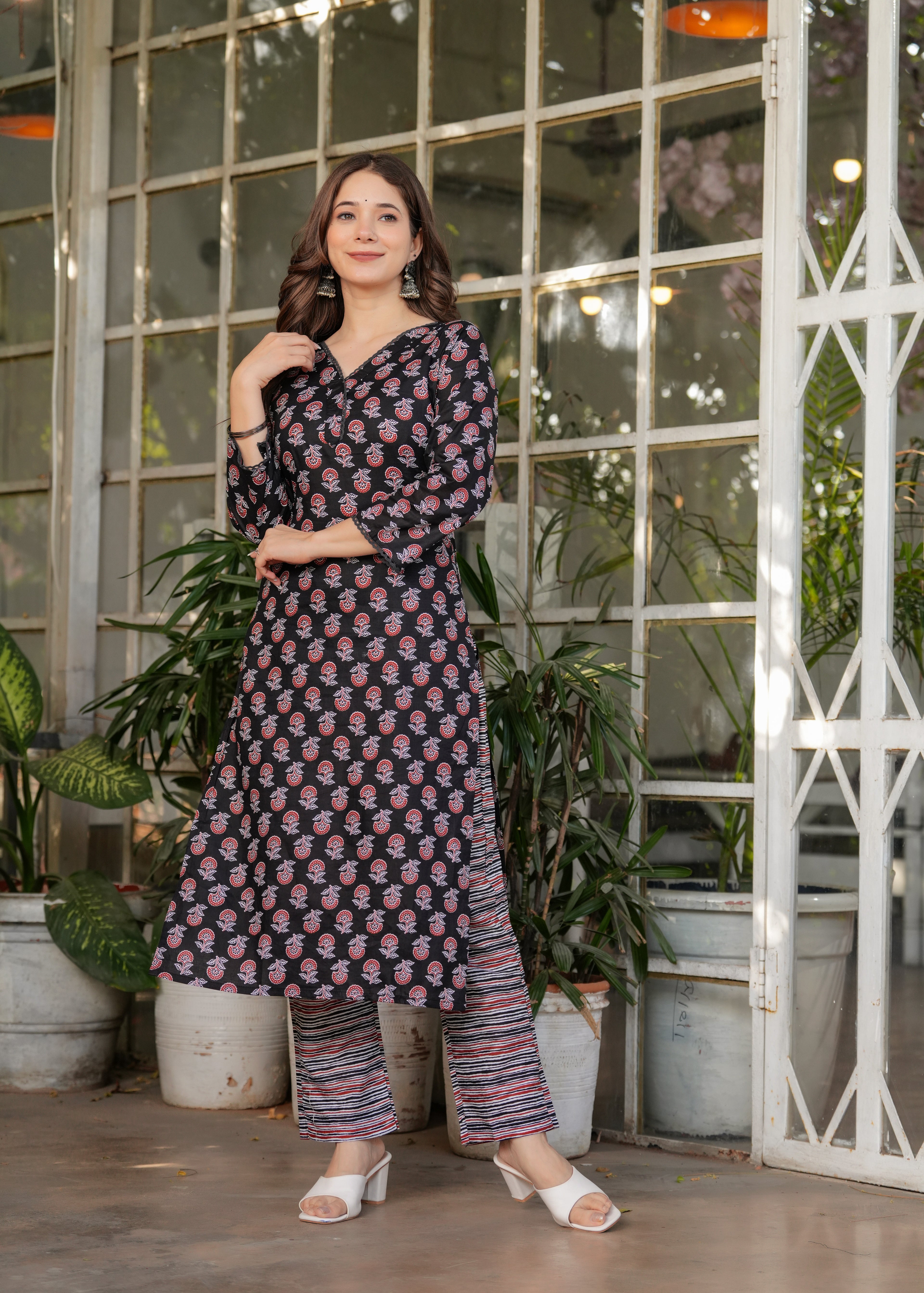 Women's Black Cotton Kurta Set with Red Floral Print, V-Neck, 3/4 Sleeve, 3-Piece Set with Dupatta