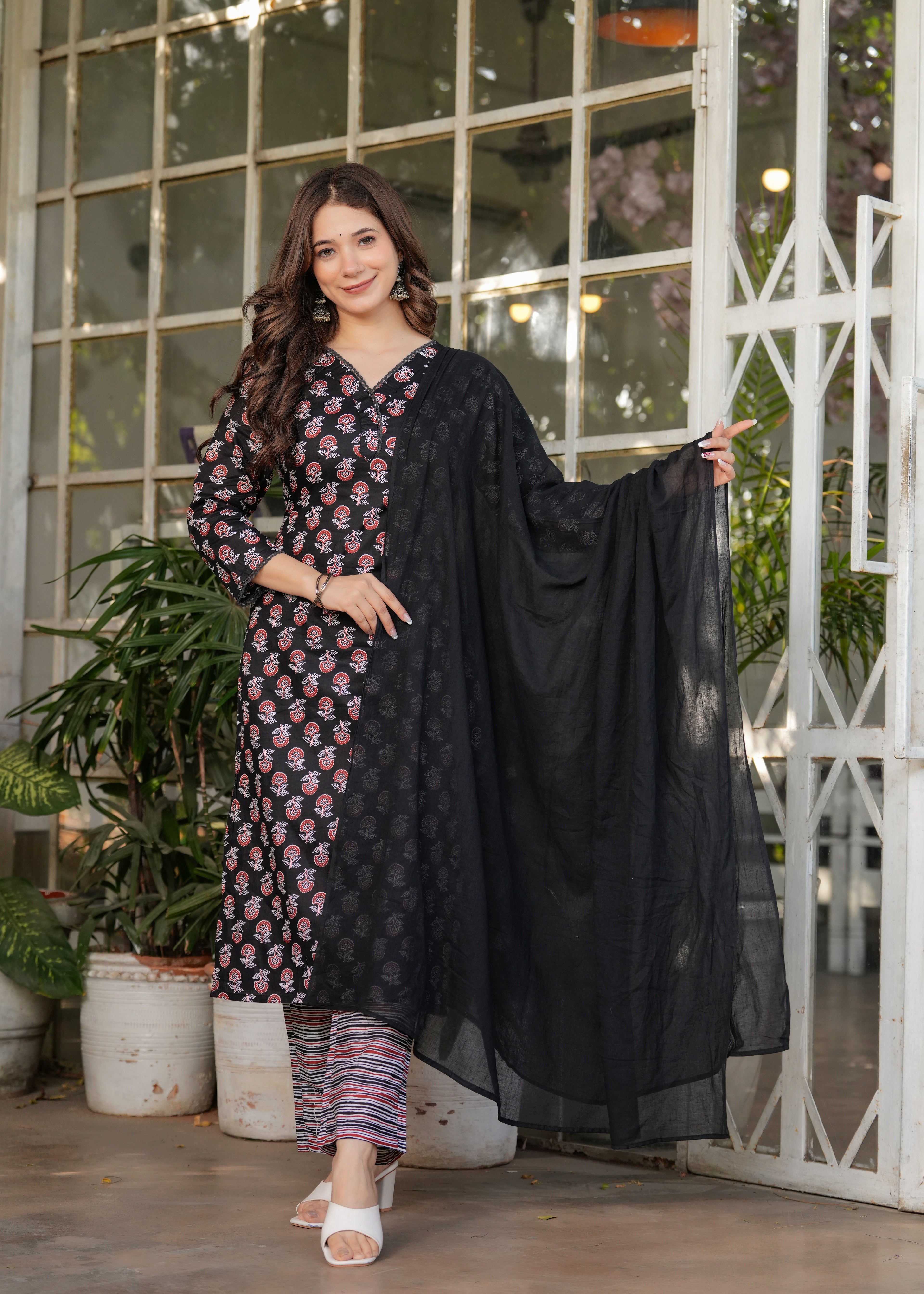 Women's Black Cotton Kurta Set with Red Floral Print, V-Neck, 3/4 Sleeve, 3-Piece Set with Dupatta