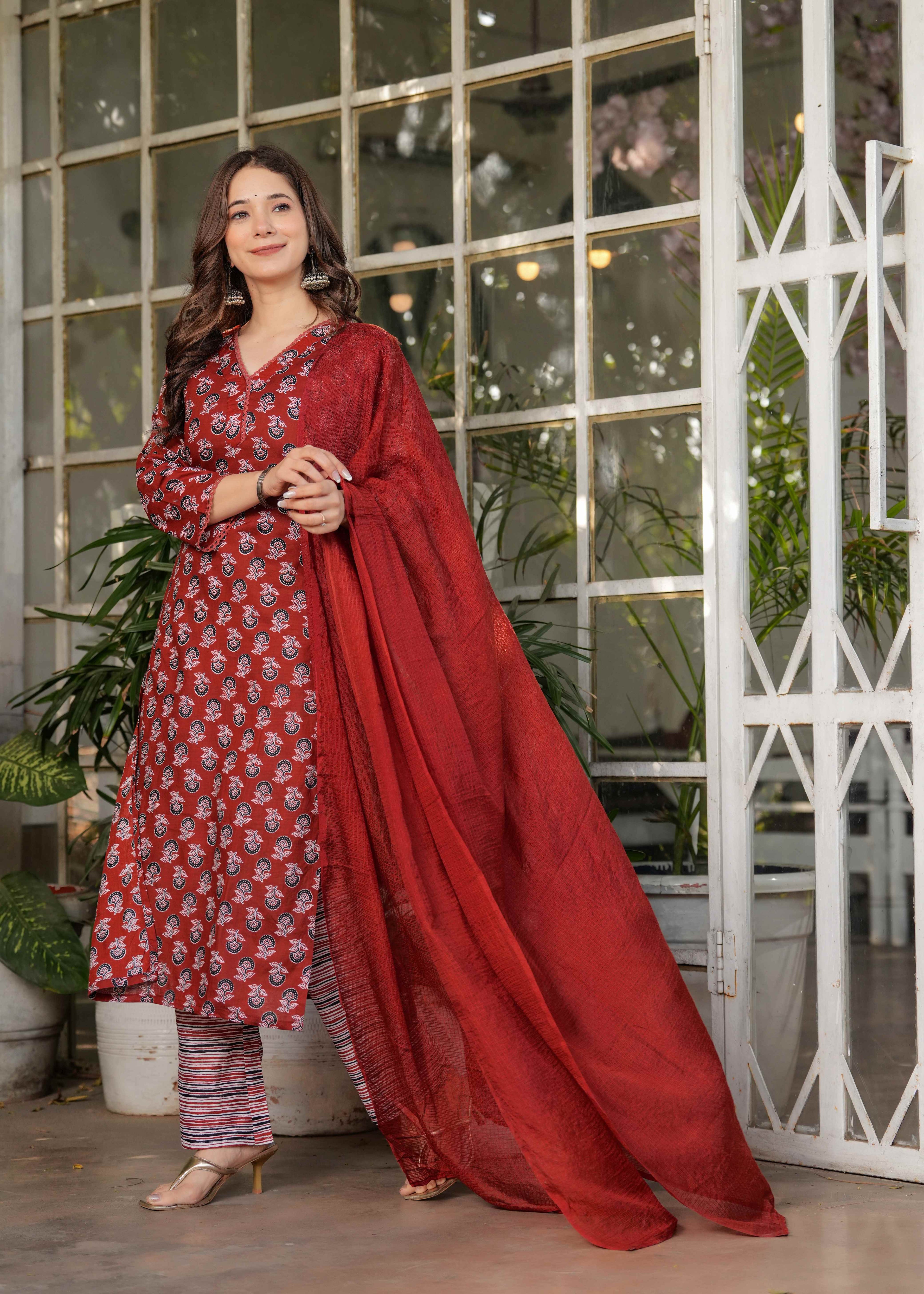 Women's Red  Cotton Kurta Set with Red Floral Print, V-Neck, 3/4 Sleeve, 3-Piece Set with Dupatta