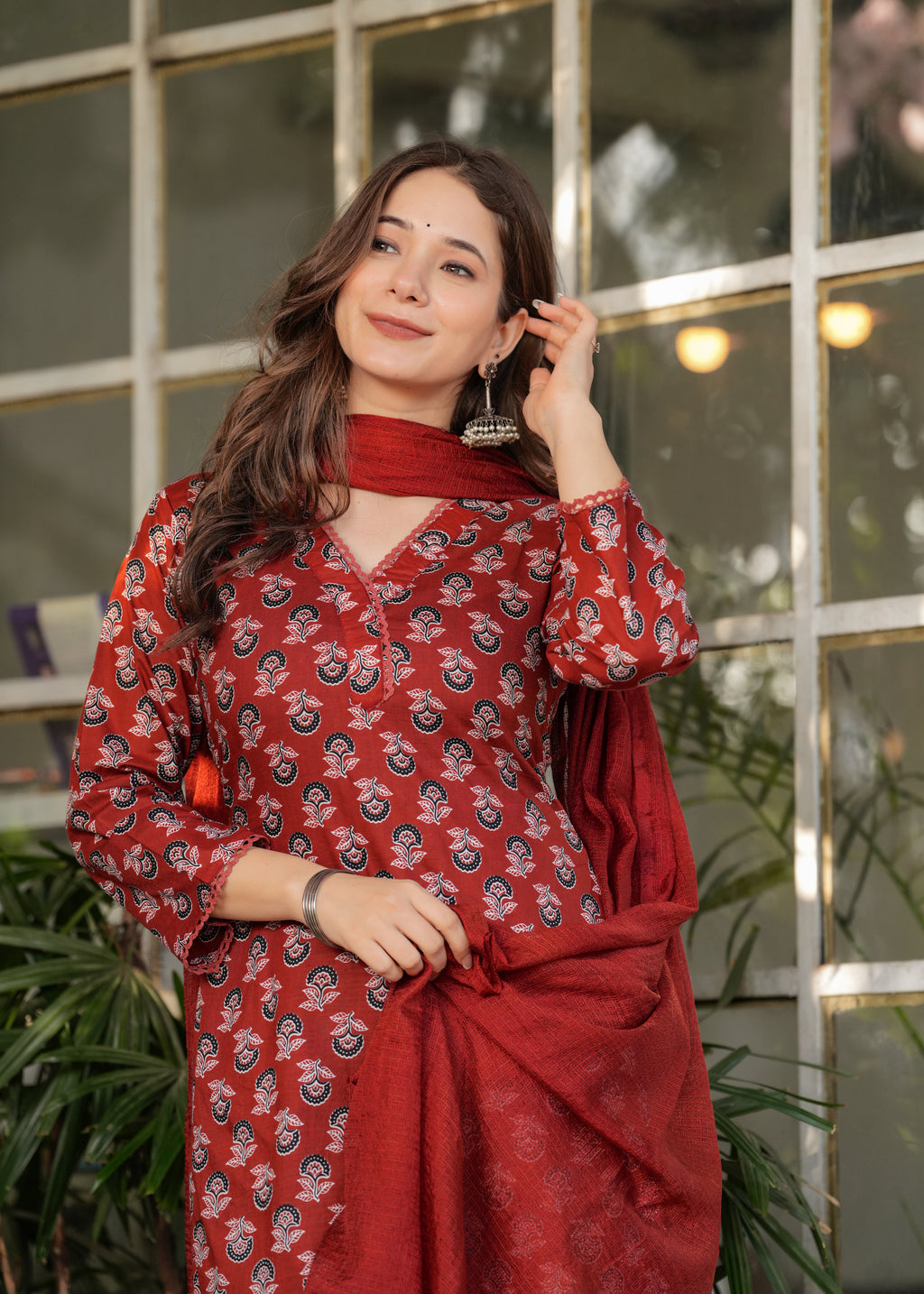 Women's Red  Cotton Kurta Set with Red Floral Print, V-Neck, 3/4 Sleeve, 3-Piece Set with Dupatta