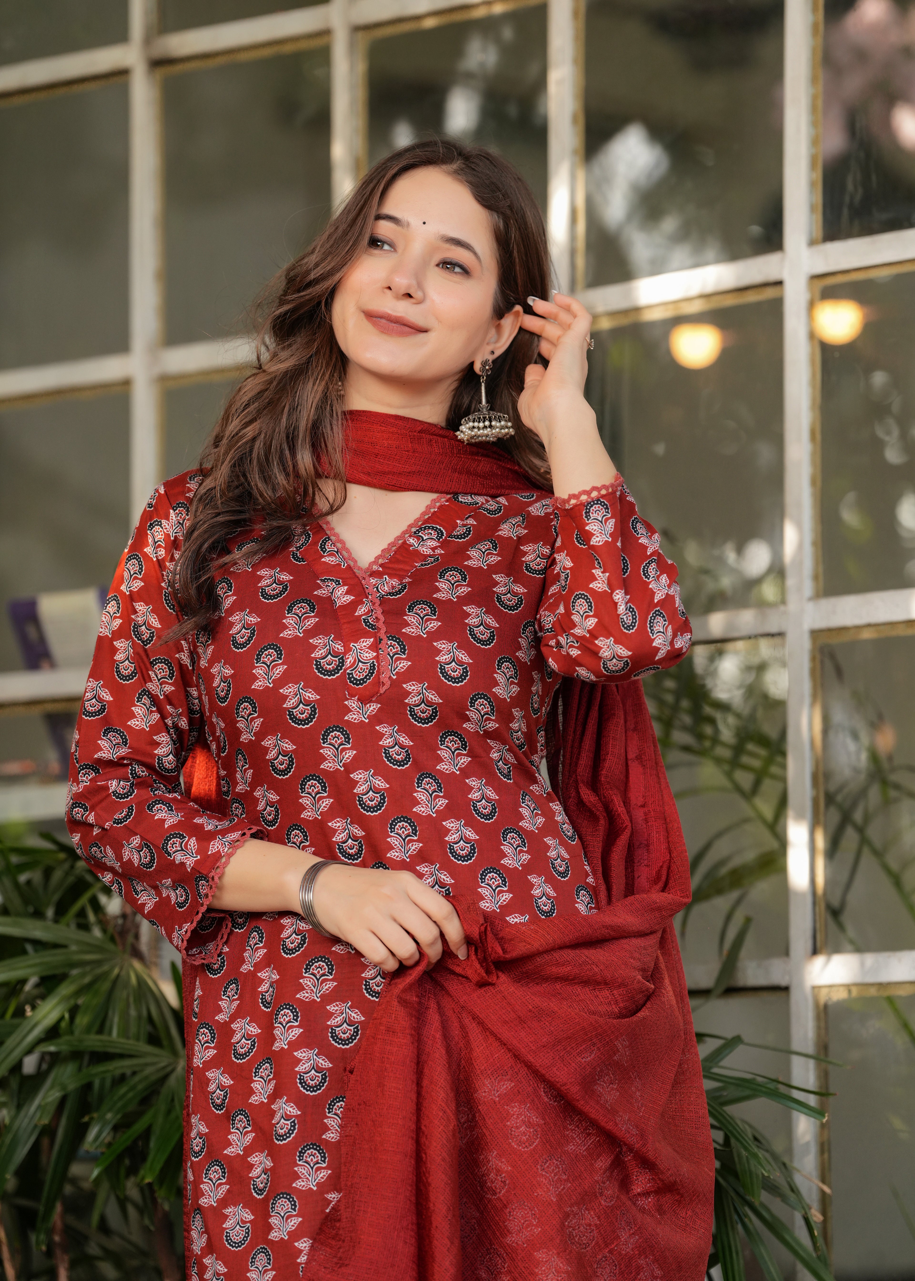 Women's Red  Cotton Kurta Set with Red Floral Print, V-Neck, 3/4 Sleeve, 3-Piece Set with Dupatta