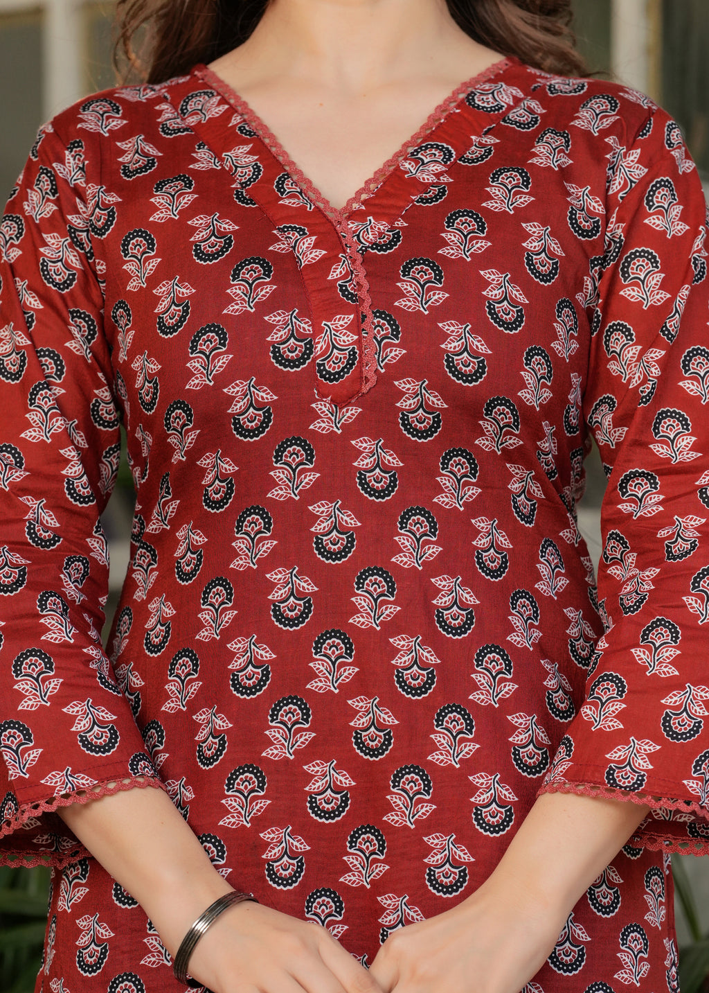 Women's Red  Cotton Kurta Set with Red Floral Print, V-Neck, 3/4 Sleeve, 3-Piece Set with Dupatta