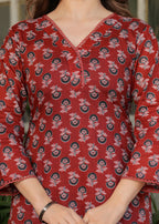 Women's Red  Cotton Kurta Set with Red Floral Print, V-Neck, 3/4 Sleeve, 3-Piece Set with Dupatta