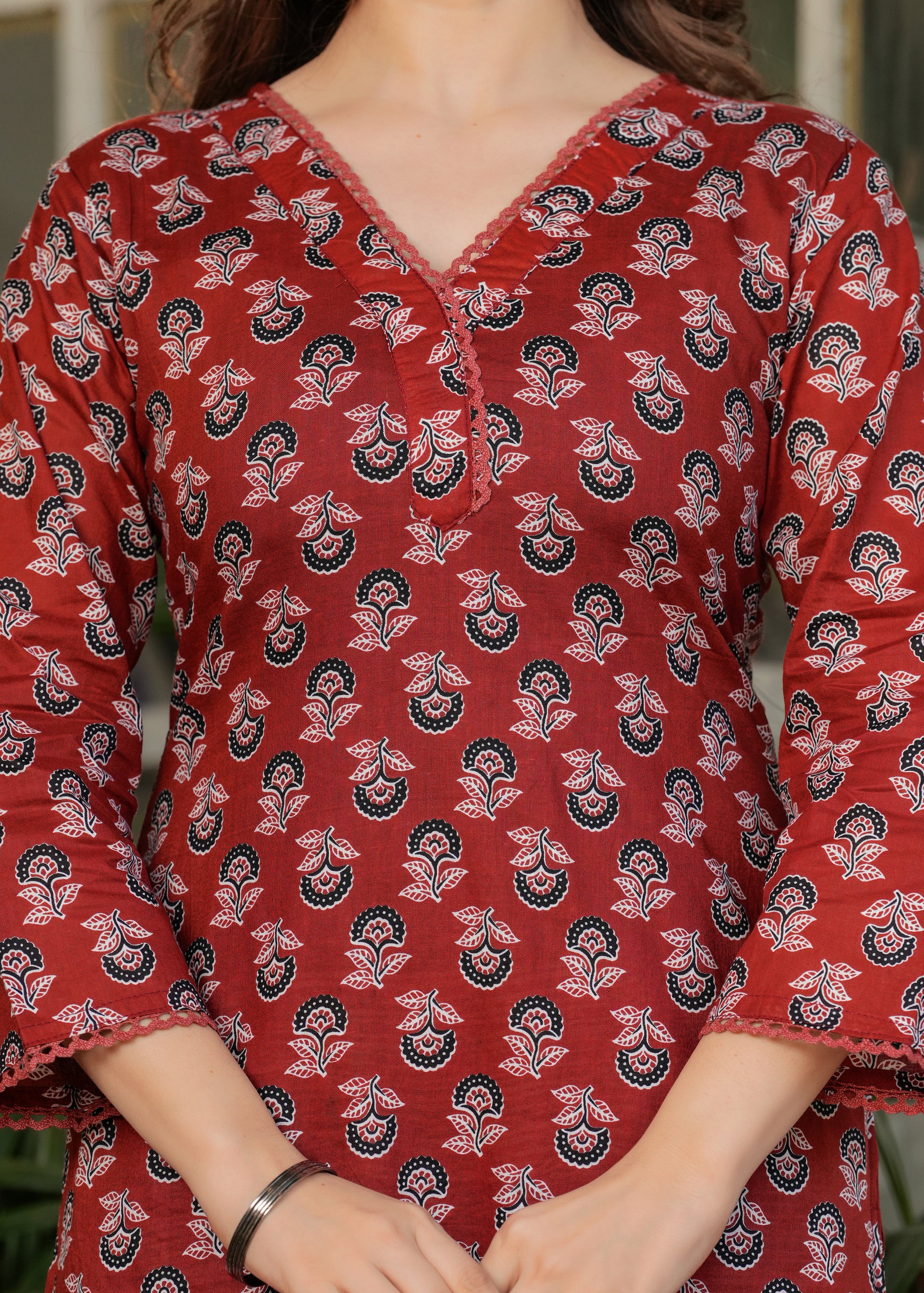 Women's Red  Cotton Kurta Set with Red Floral Print, V-Neck, 3/4 Sleeve, 3-Piece Set with Dupatta