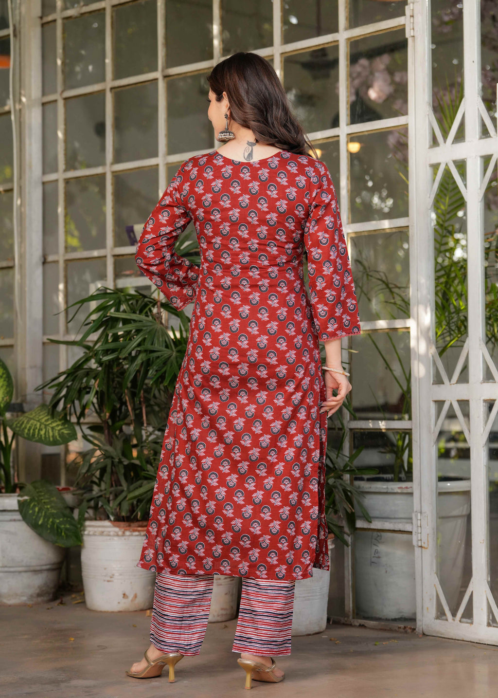 Women's Red  Cotton Kurta Set with Red Floral Print, V-Neck, 3/4 Sleeve, 3-Piece Set with Dupatta