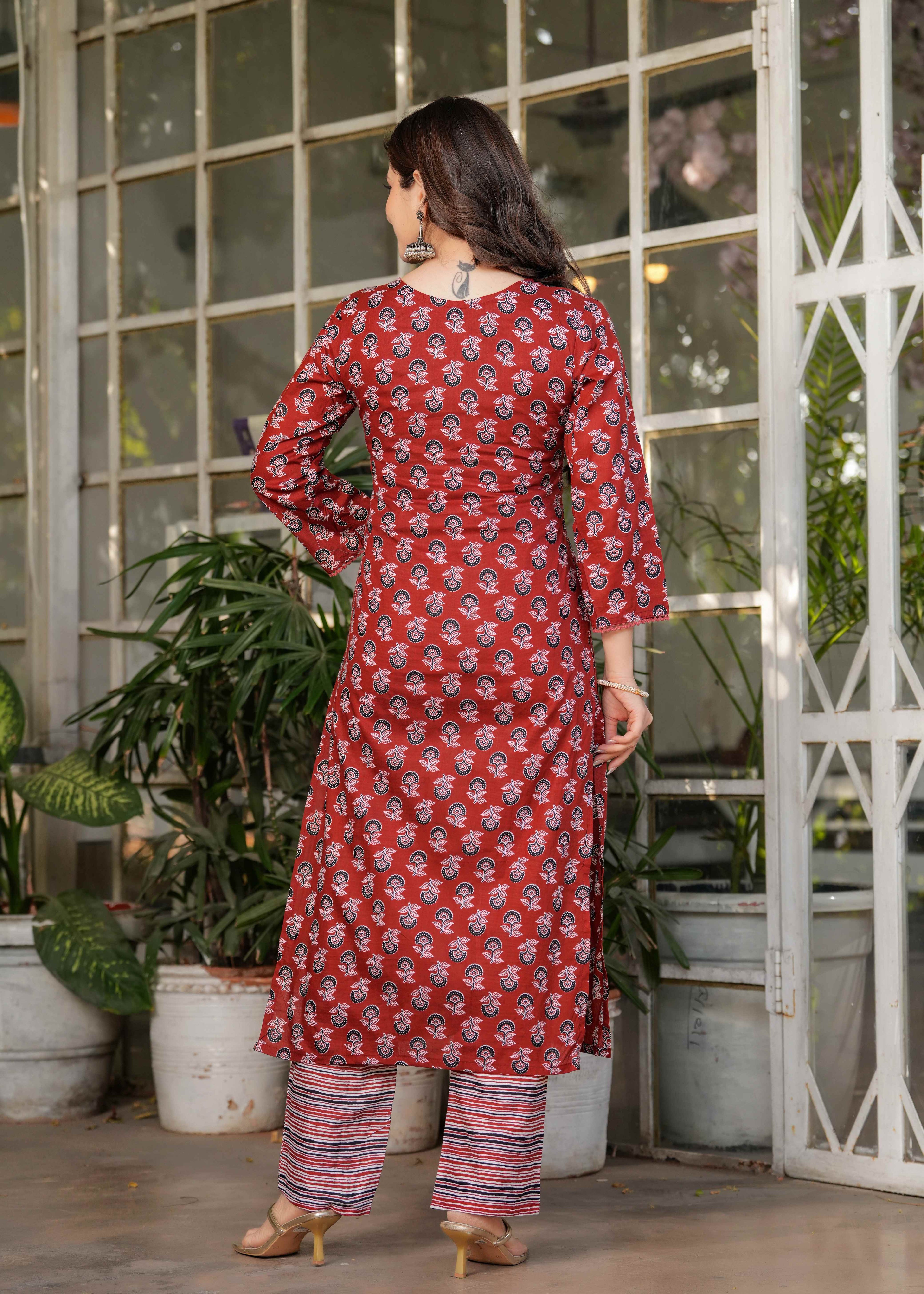 Women's Red  Cotton Kurta Set with Red Floral Print, V-Neck, 3/4 Sleeve, 3-Piece Set with Dupatta