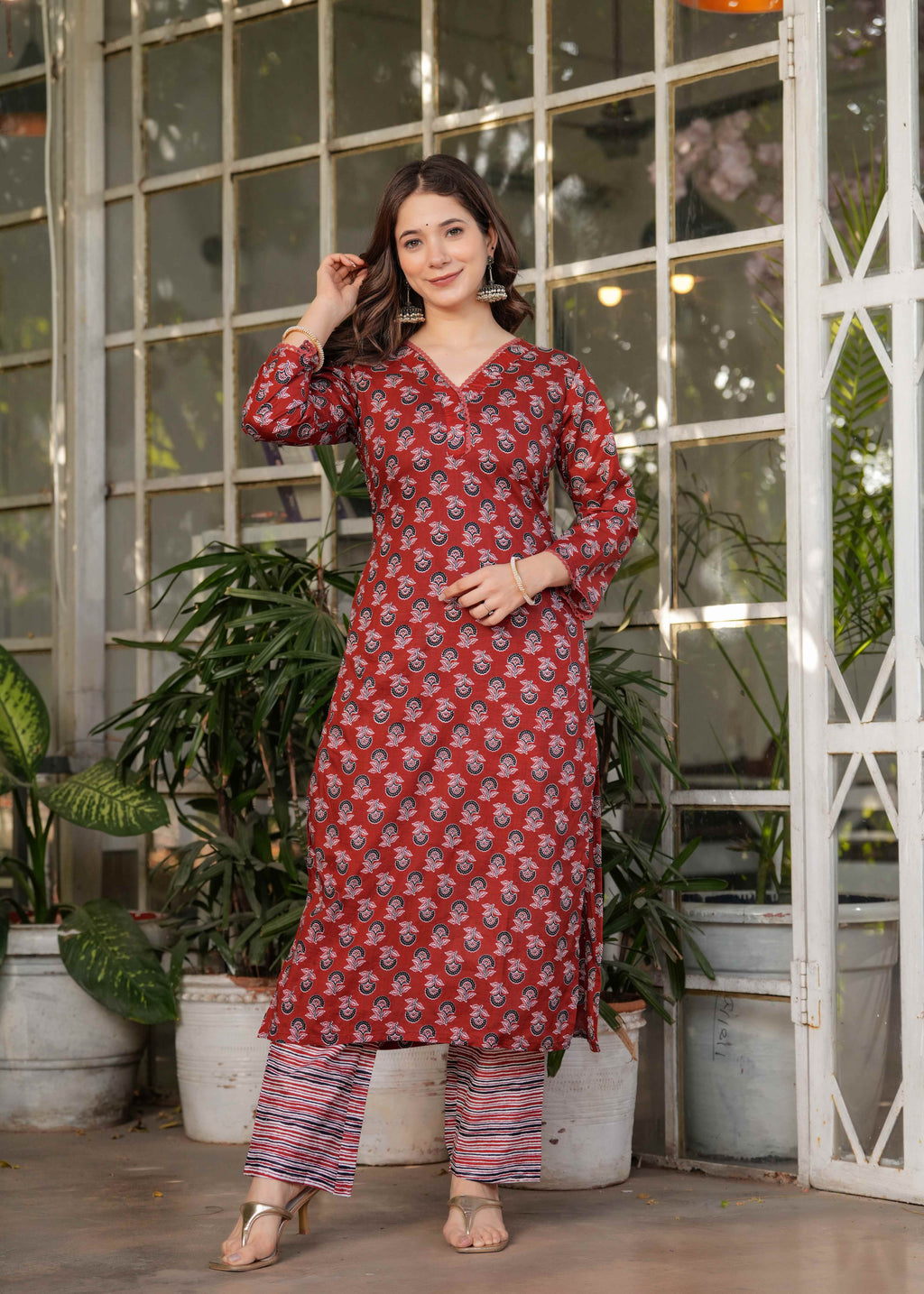 Women's Red  Cotton Kurta Set with Red Floral Print, V-Neck, 3/4 Sleeve, 3-Piece Set with Dupatta