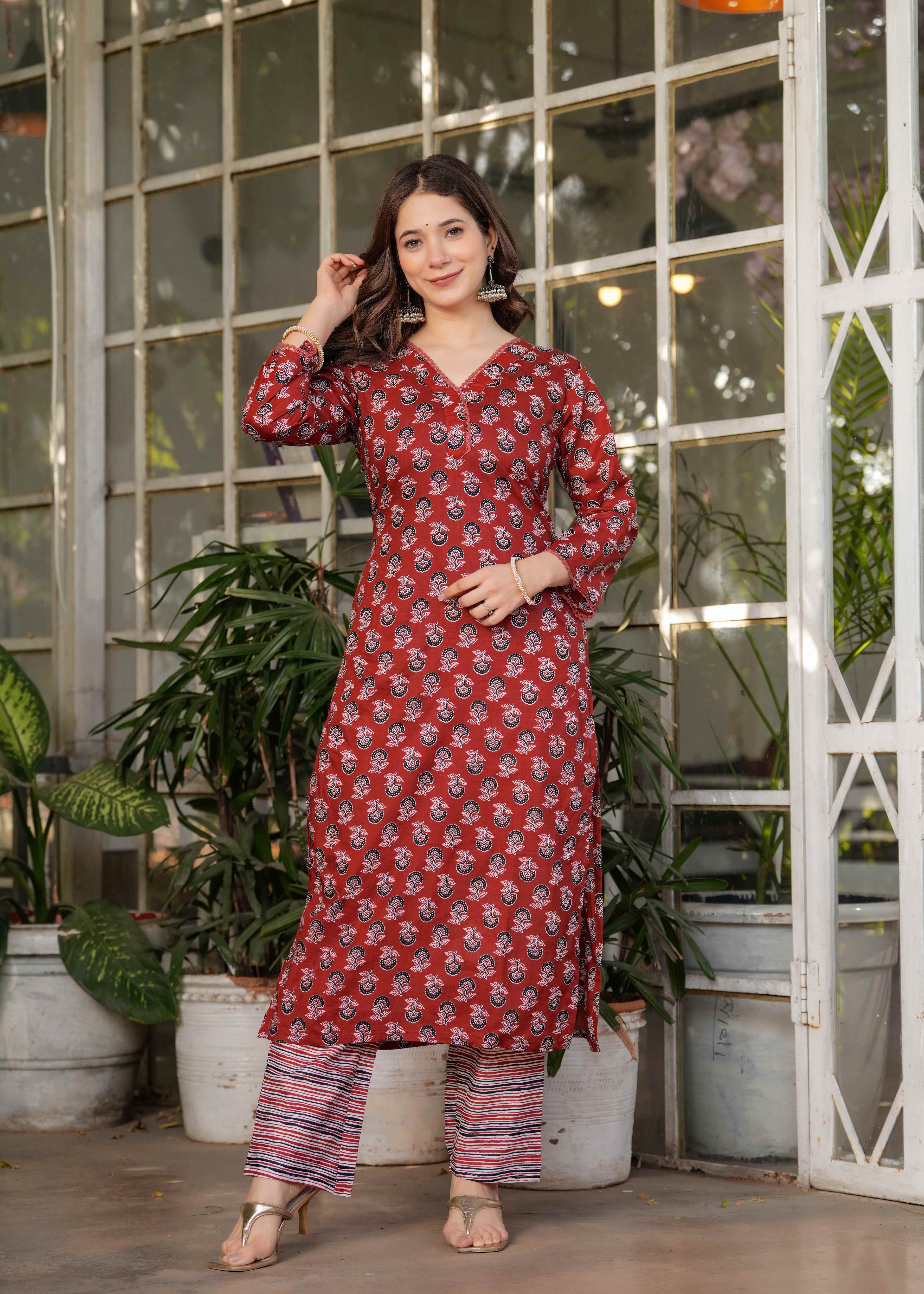 Women's Red  Cotton Kurta Set with Red Floral Print, V-Neck, 3/4 Sleeve, 3-Piece Set with Dupatta
