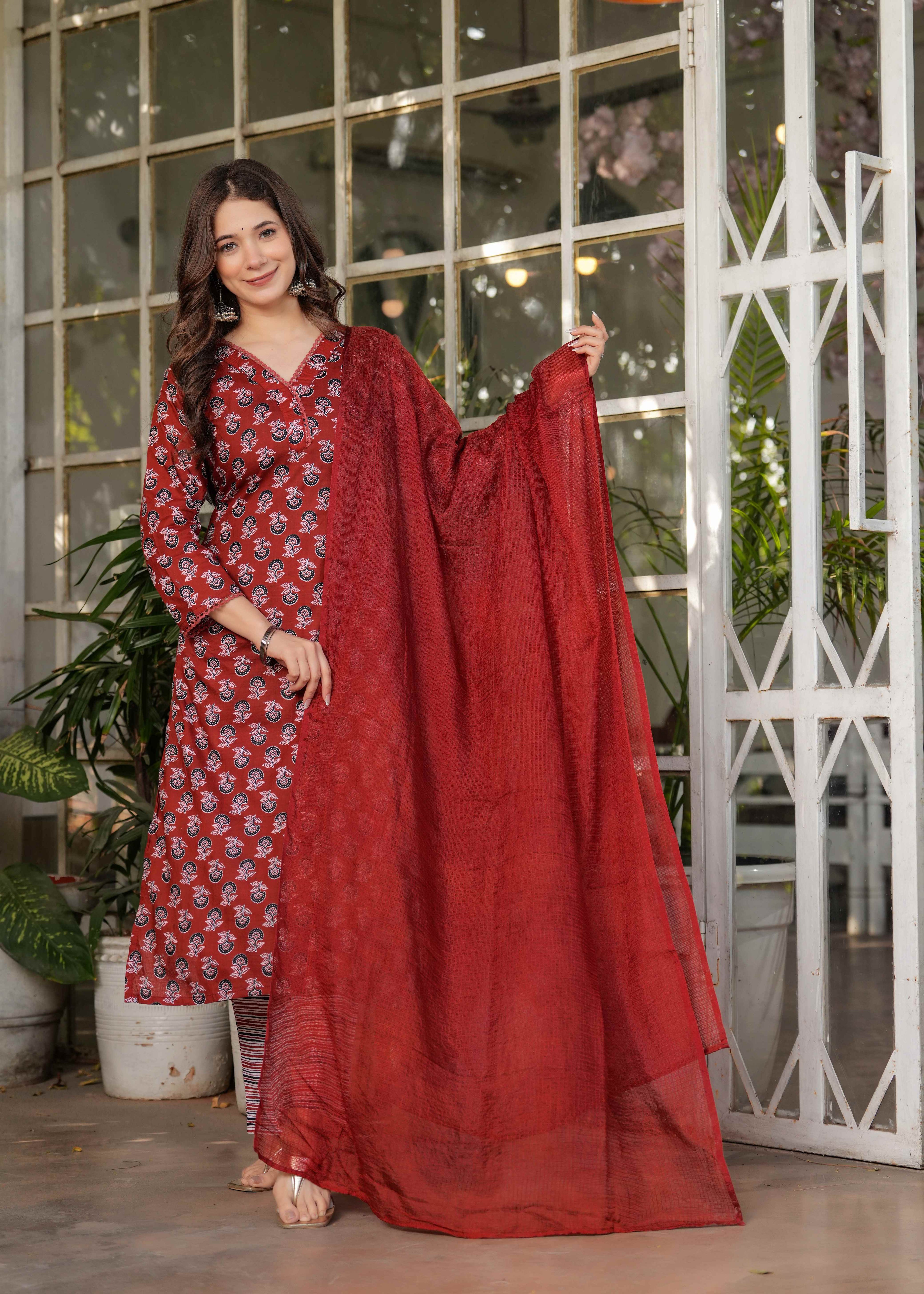 Women's Red  Cotton Kurta Set with Red Floral Print, V-Neck, 3/4 Sleeve, 3-Piece Set with Dupatta
