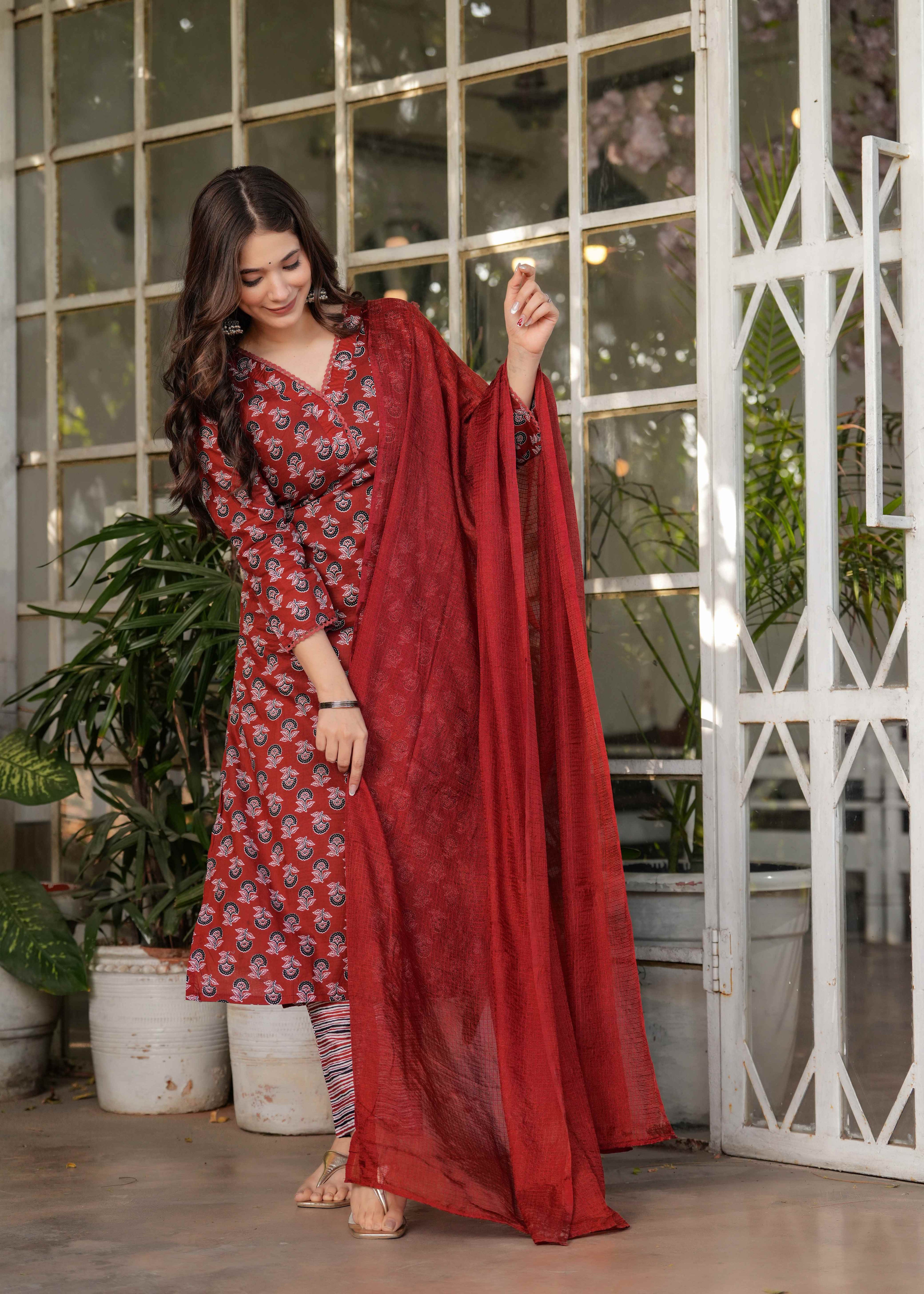 Women's Red  Cotton Kurta Set with Red Floral Print, V-Neck, 3/4 Sleeve, 3-Piece Set with Dupatta