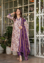 Women's Cotton Kurta Set, V-Neck Floral Print, with Purple Dupatta, 3/4 Sleeve, Regular Fit