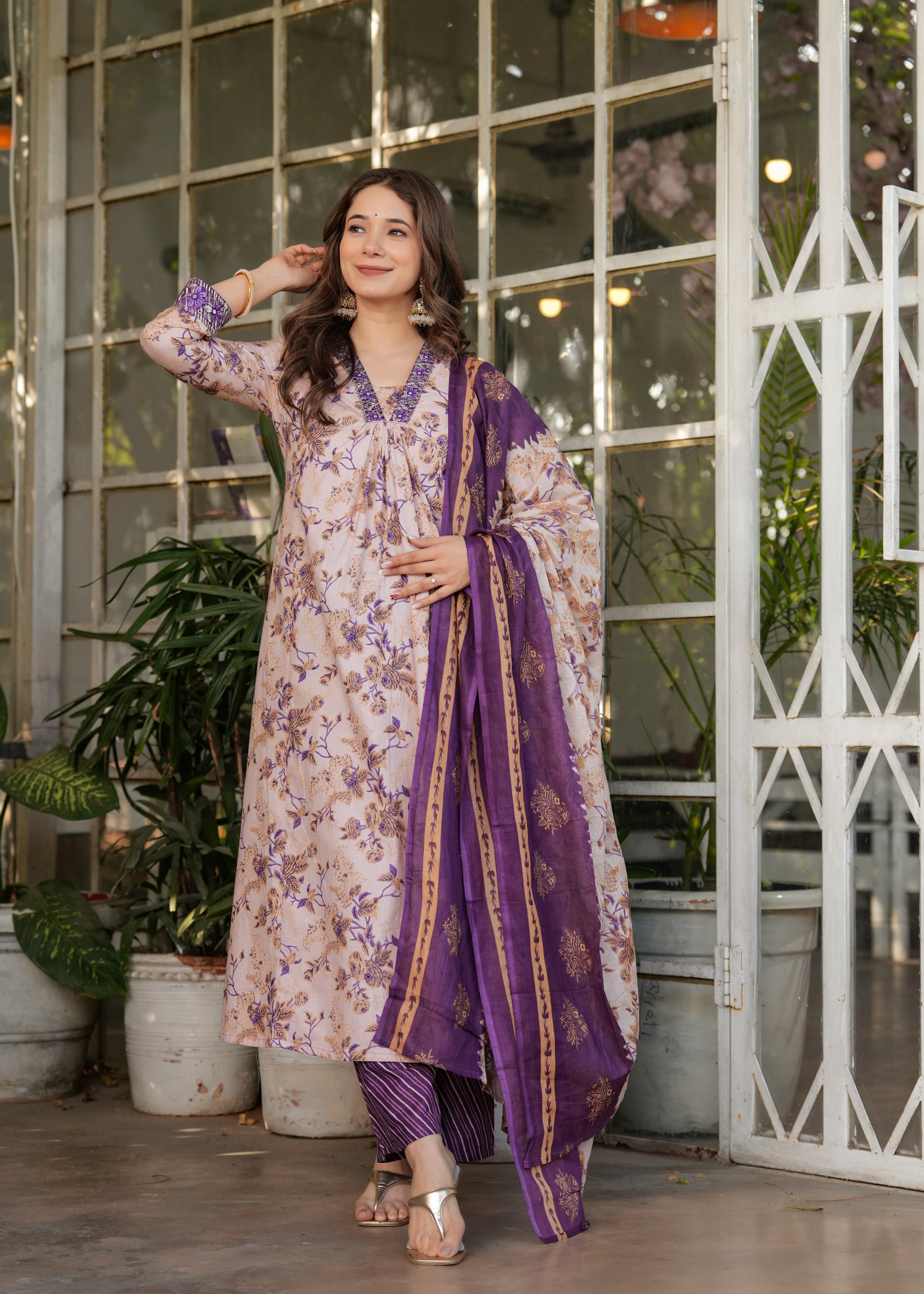 Women's Cotton Kurta Set, V-Neck Floral Print, with Purple Dupatta, 3/4 Sleeve, Regular Fit