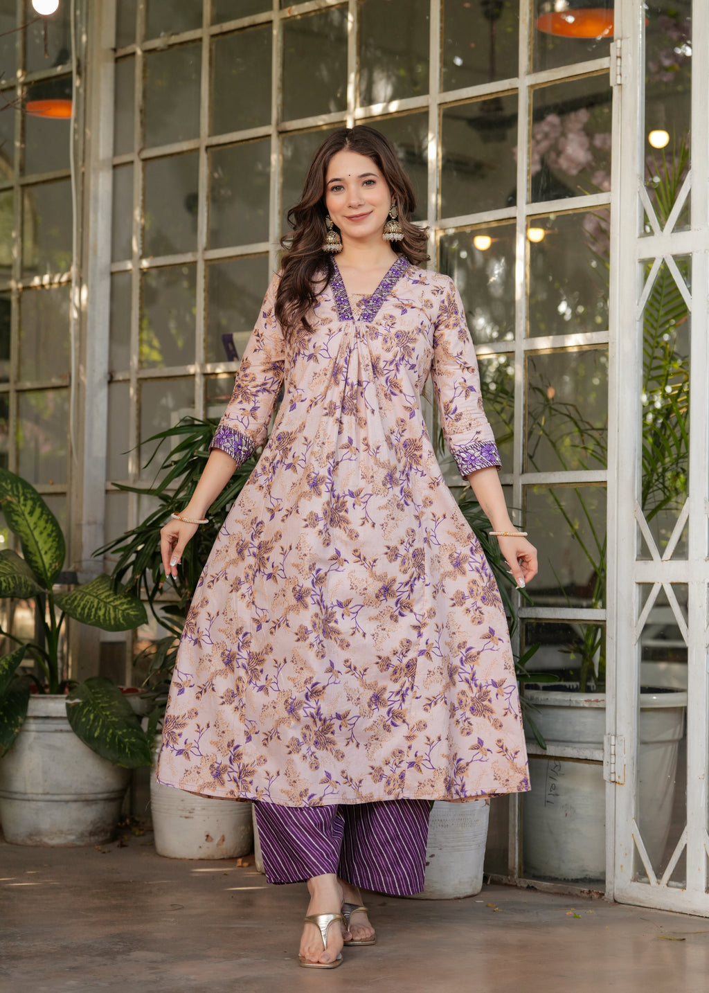 Women's Cotton Kurta Set, V-Neck Floral Print, with Purple Dupatta, 3/4 Sleeve, Regular Fit