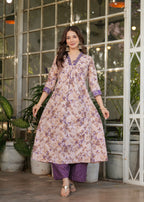 Women's Cotton Kurta Set, V-Neck Floral Print, with Purple Dupatta, 3/4 Sleeve, Regular Fit