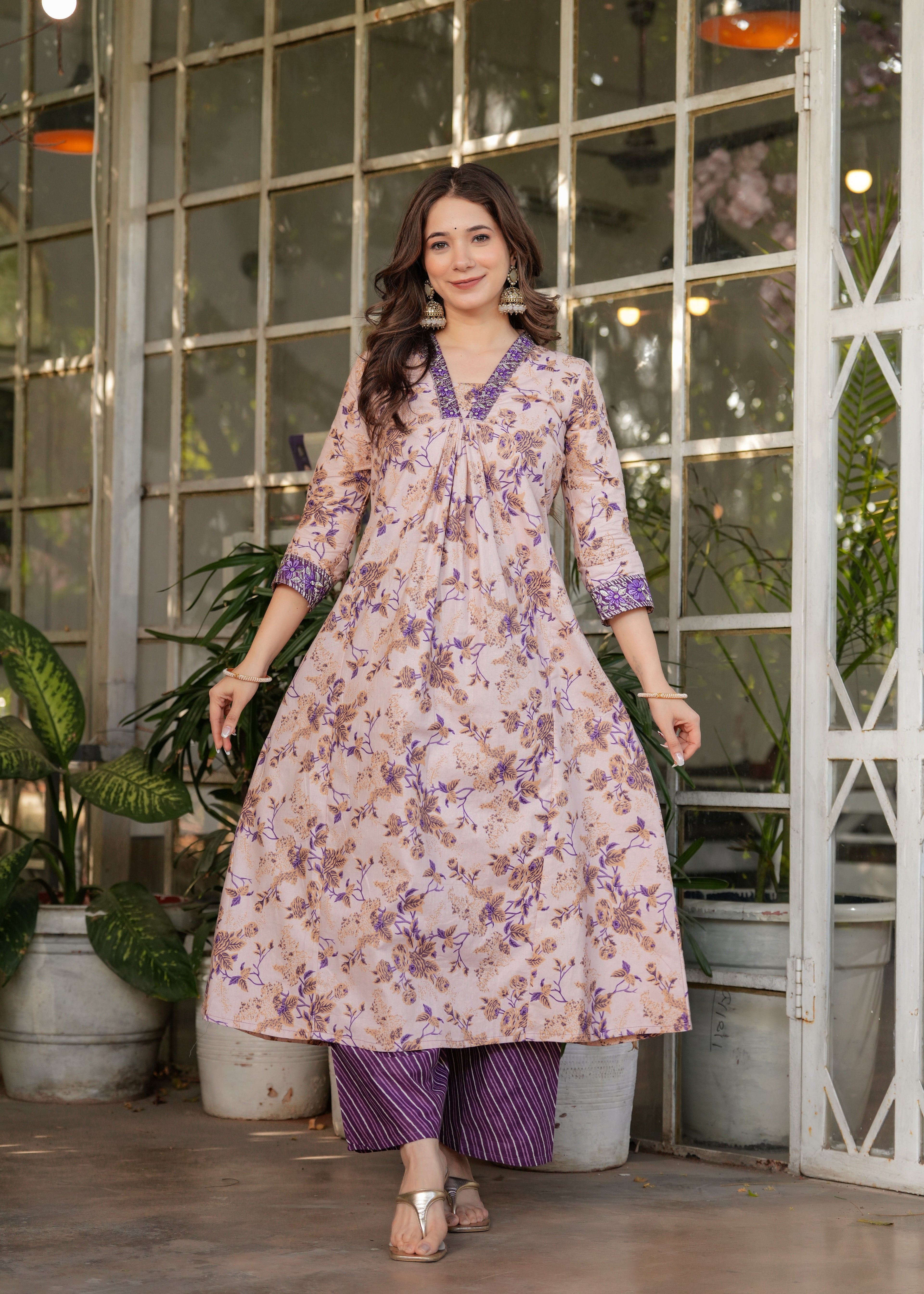 Women's Cotton Kurta Set, V-Neck Floral Print, with Purple Dupatta, 3/4 Sleeve, Regular Fit