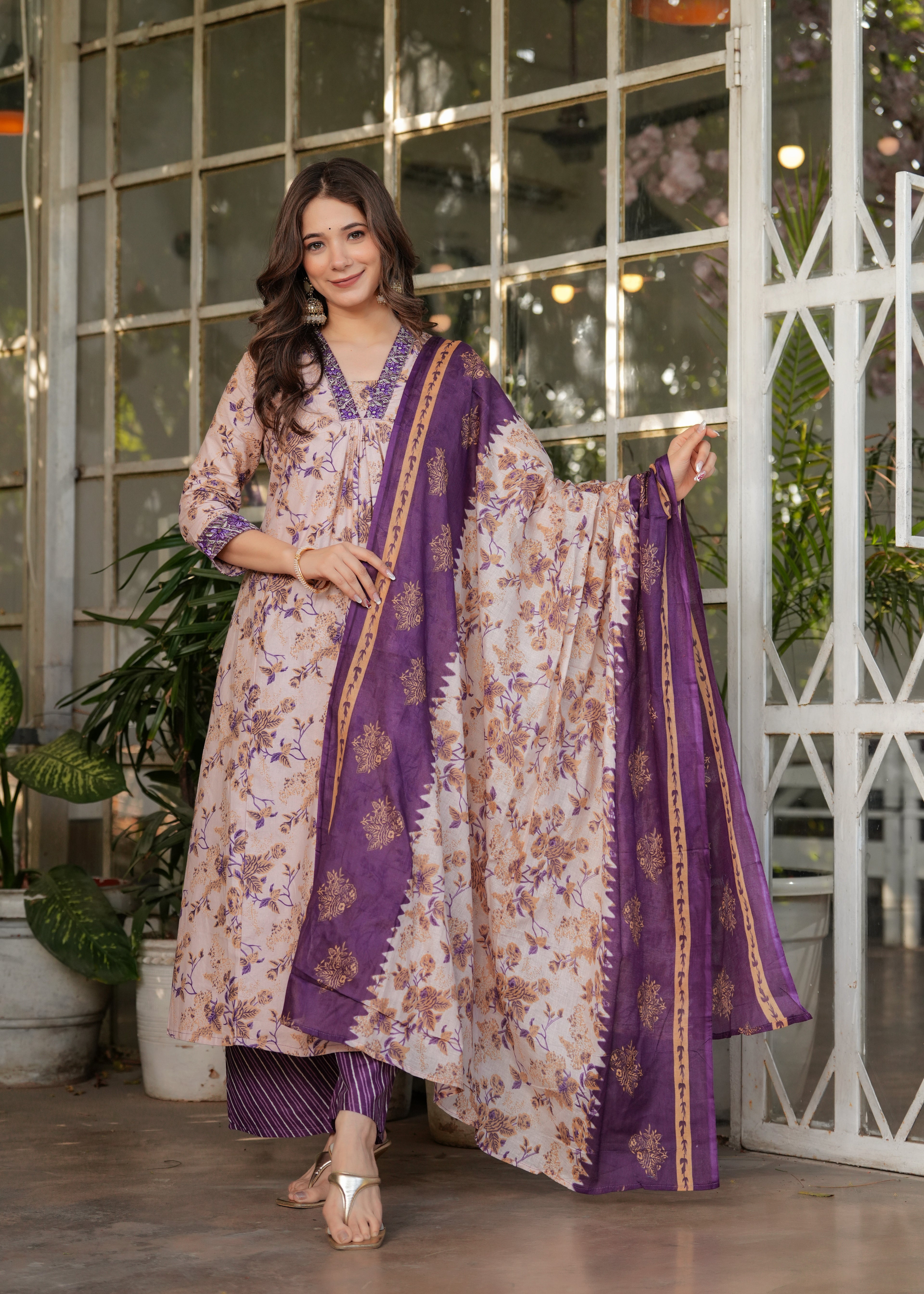 Women's Cotton Kurta Set, V-Neck Floral Print, with Purple Dupatta, 3/4 Sleeve, Regular Fit