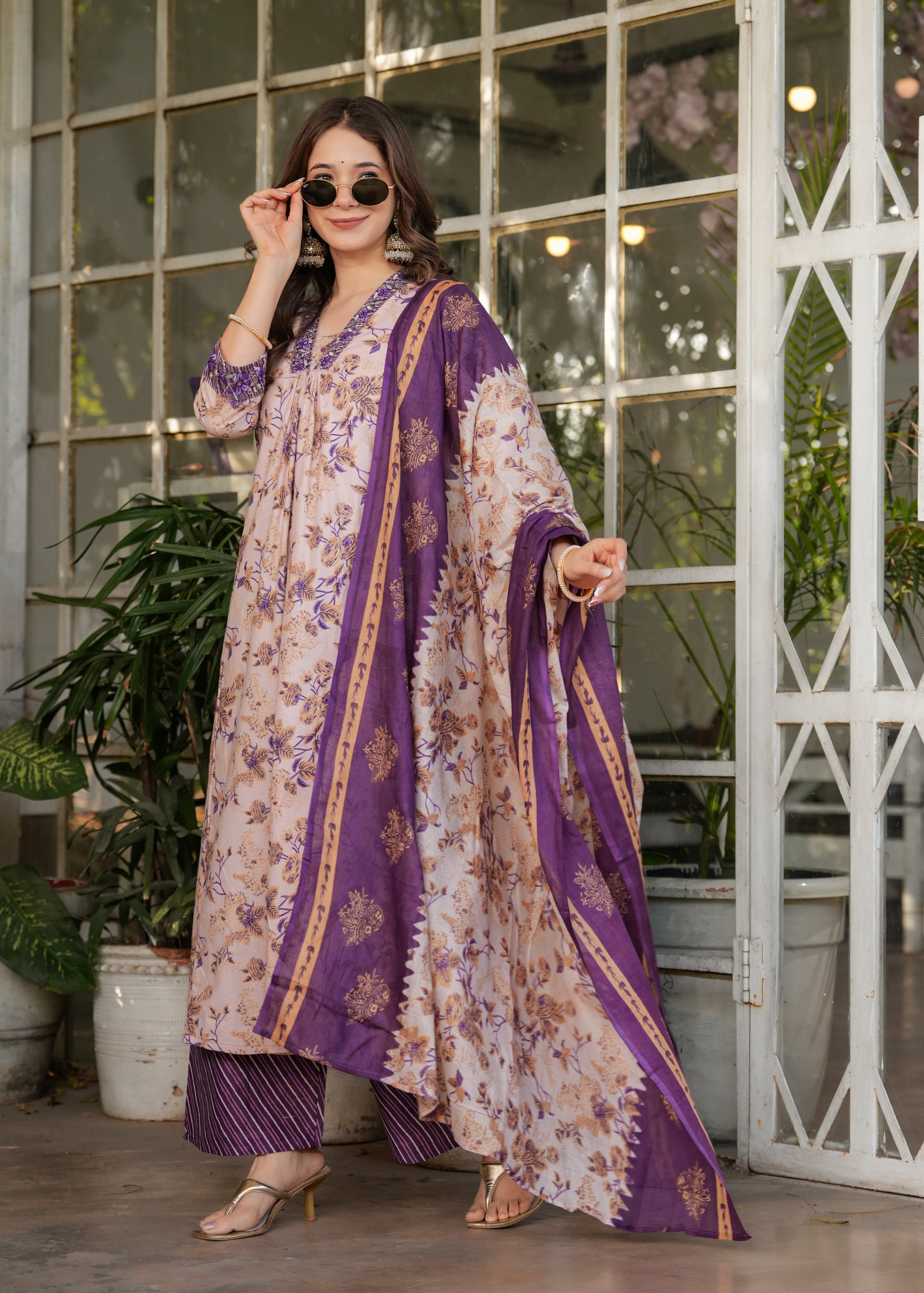Women's Cotton Kurta Set, V-Neck Floral Print, with Purple Dupatta, 3/4 Sleeve, Regular Fit