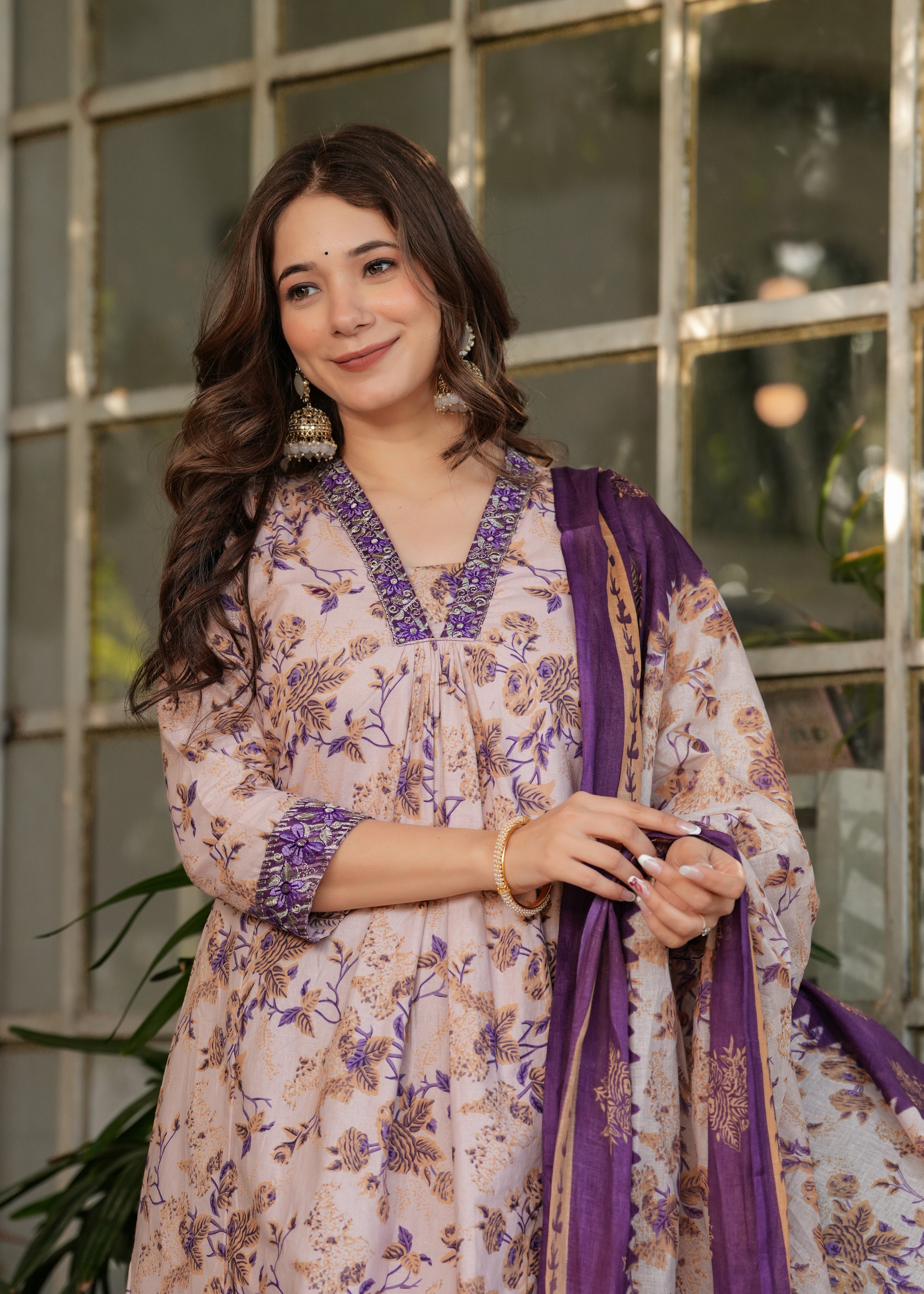 Women's Cotton Kurta Set, V-Neck Floral Print, with Purple Dupatta, 3/4 Sleeve, Regular Fit