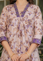 Women's Cotton Kurta Set, V-Neck Floral Print, with Purple Dupatta, 3/4 Sleeve, Regular Fit