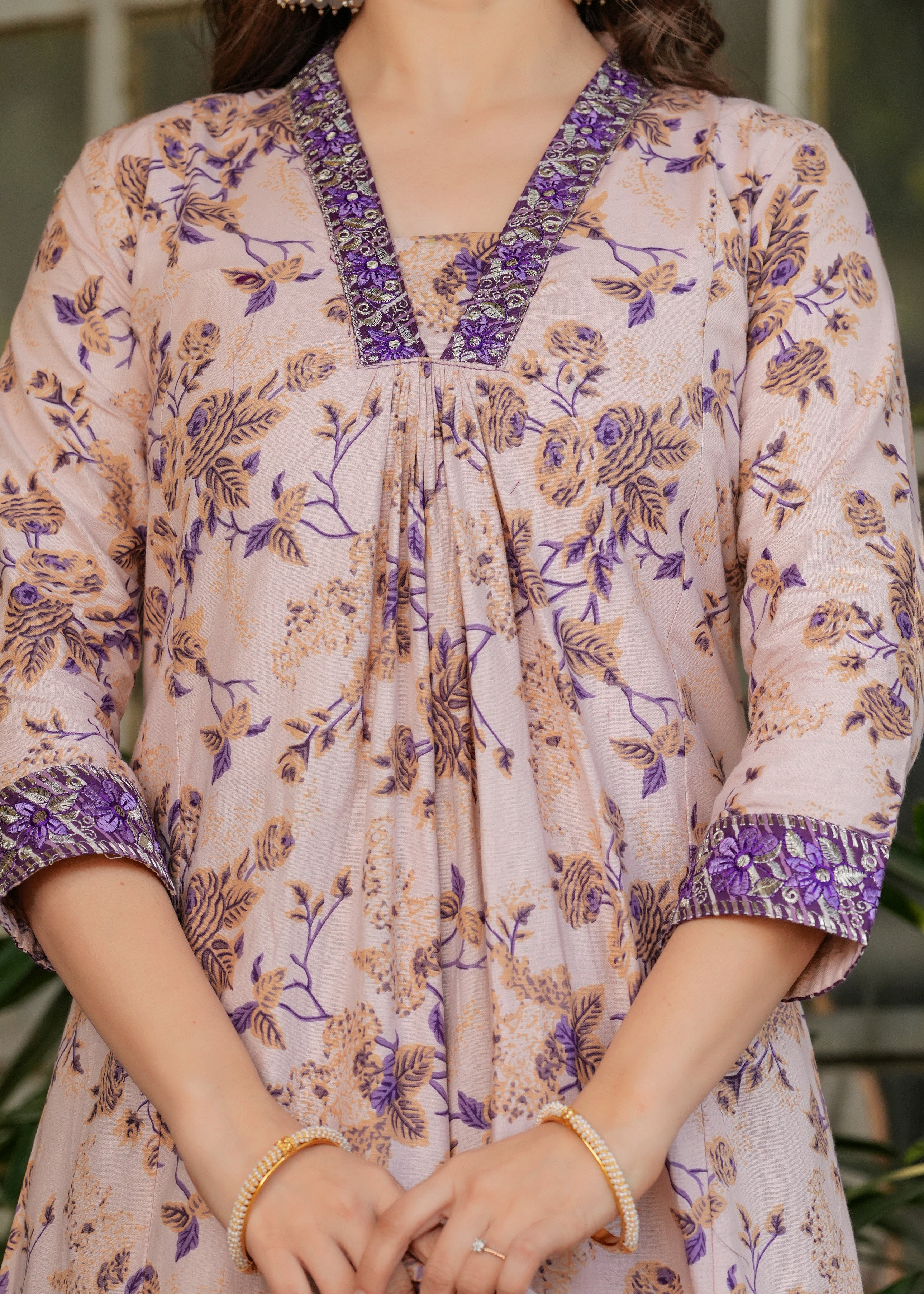 Women's Cotton Kurta Set, V-Neck Floral Print, with Purple Dupatta, 3/4 Sleeve, Regular Fit