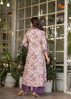 Women's Cotton Kurta Set, V-Neck Floral Print, with Purple Dupatta, 3/4 Sleeve, Regular Fit