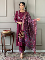 Traditional Maroon Embroidered Kurta Set with Printed Dupatta, 3 Piece Ethnic Wear for Women