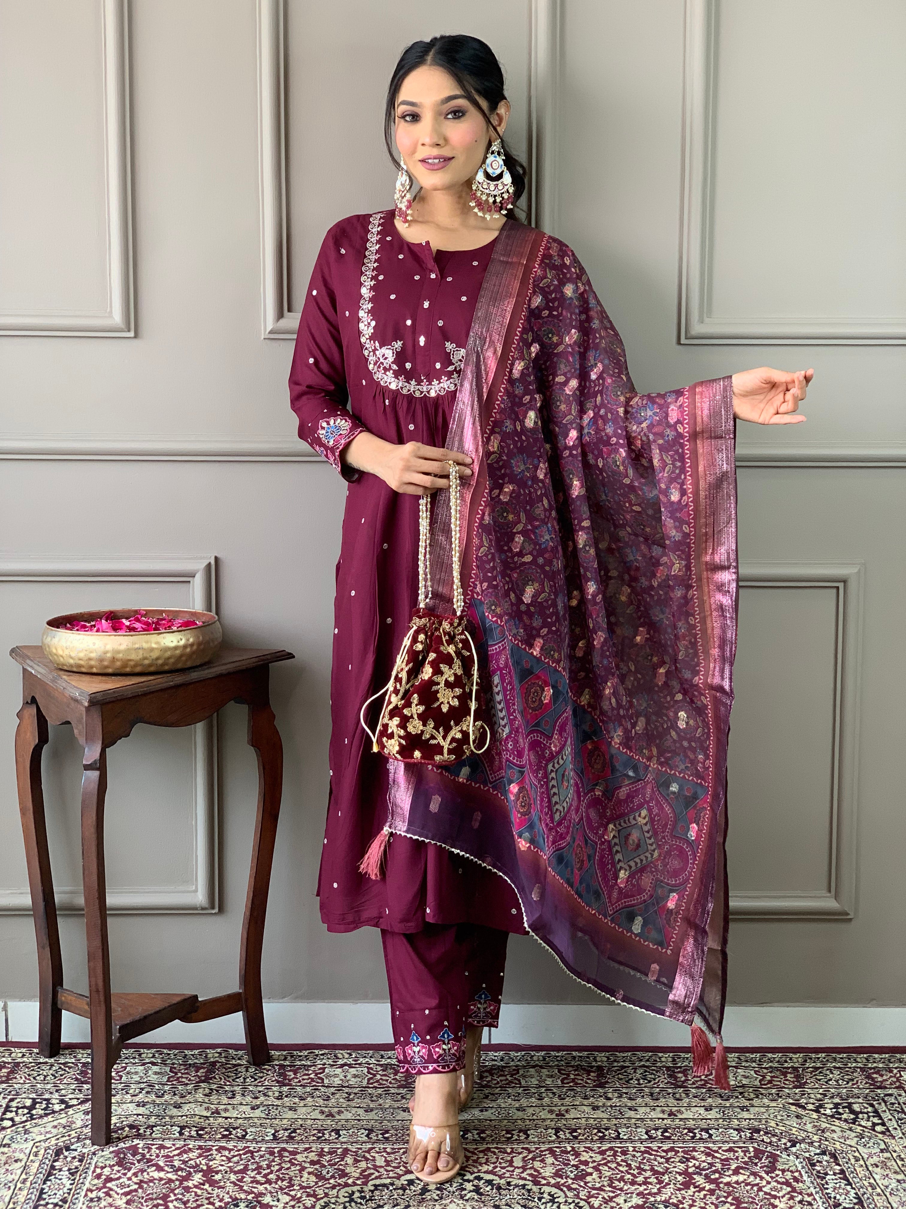 Traditional Maroon Embroidered Kurta Set with Printed Dupatta, 3 Piece Ethnic Wear for Women