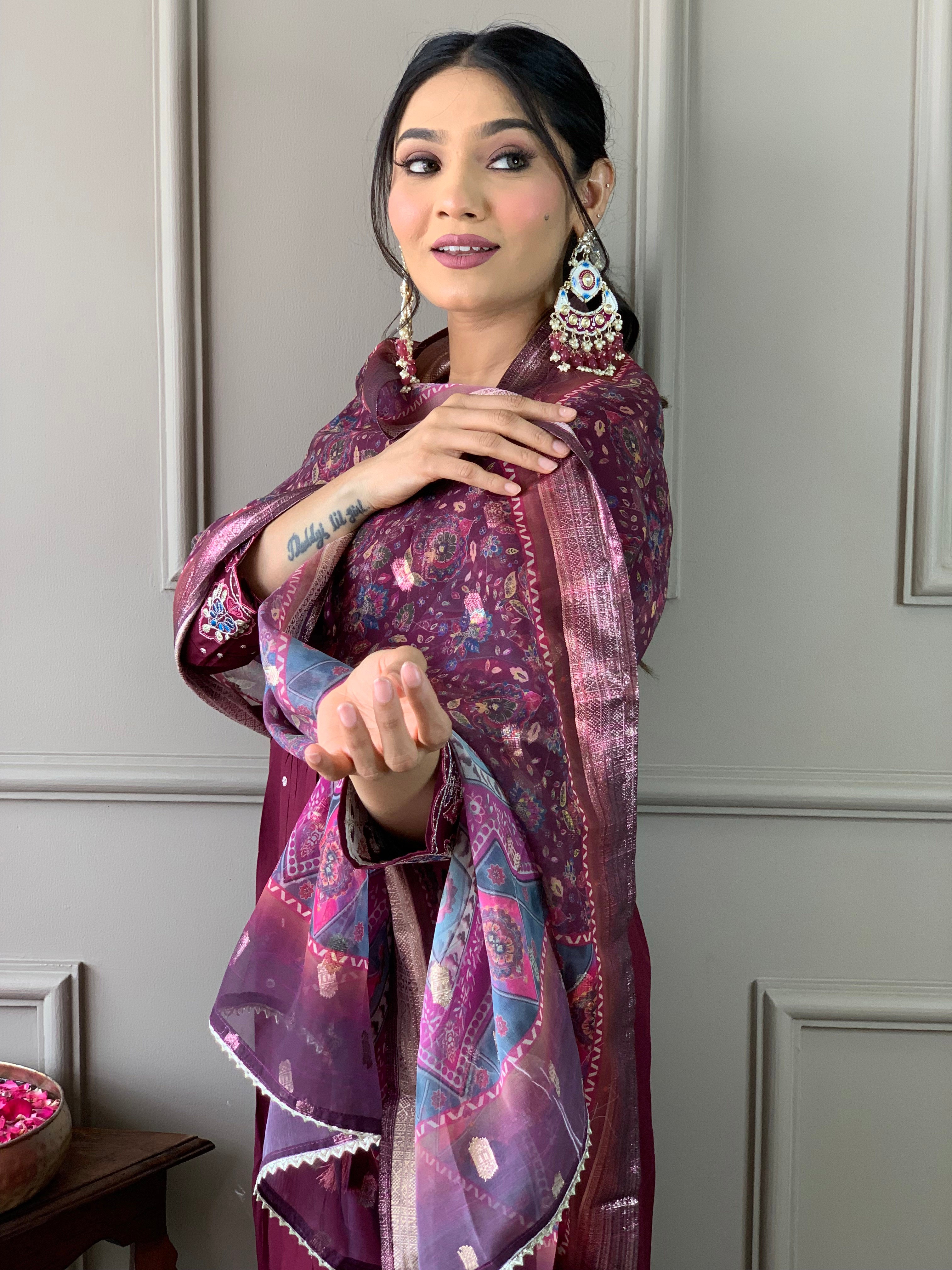 Traditional Maroon Embroidered Kurta Set with Printed Dupatta, 3 Piece Ethnic Wear for Women