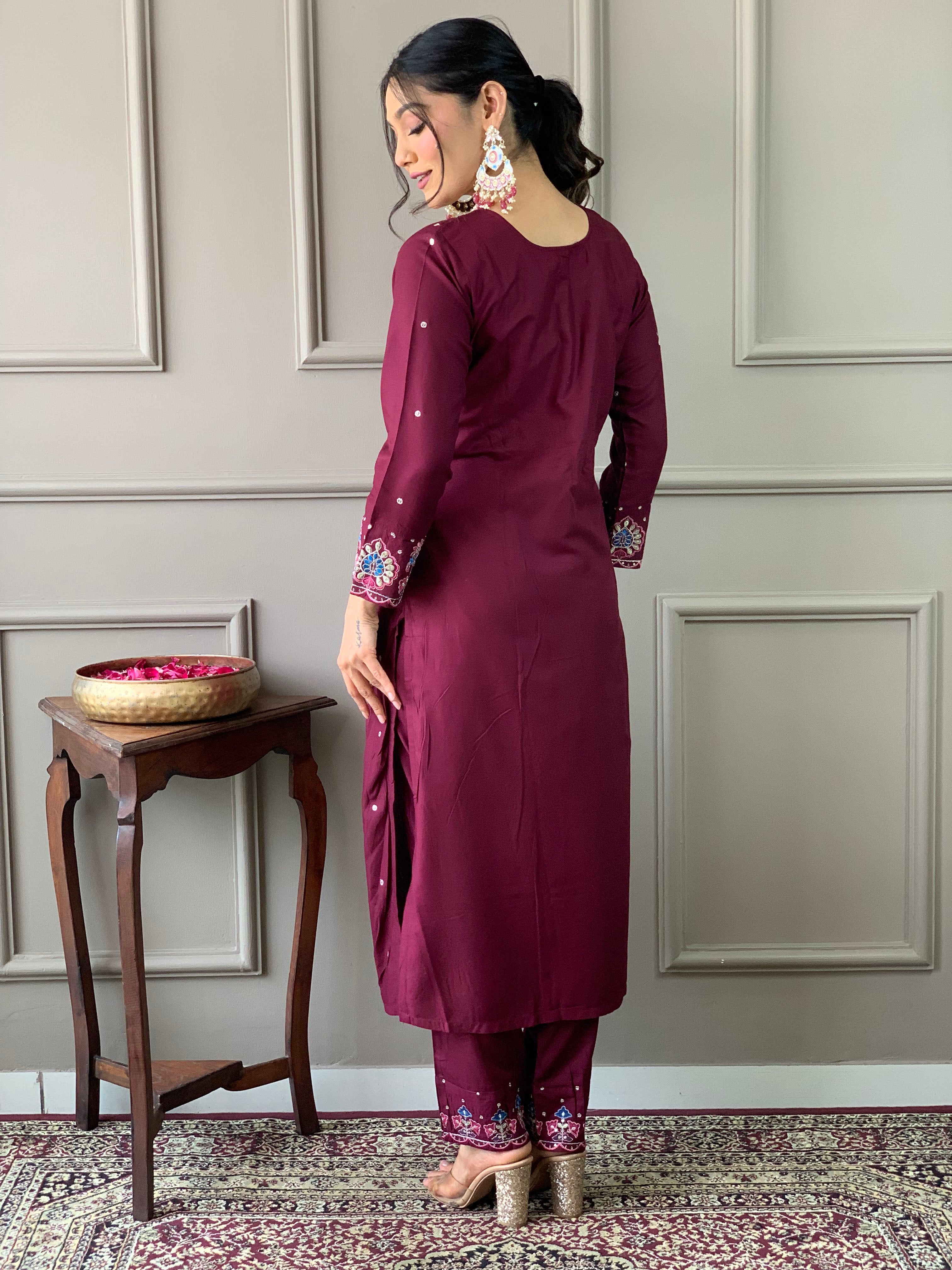 Traditional Maroon Embroidered Kurta Set with Printed Dupatta, 3 Piece Ethnic Wear for Women