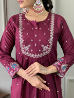 Traditional Maroon Embroidered Kurta Set with Printed Dupatta, 3 Piece Ethnic Wear for Women
