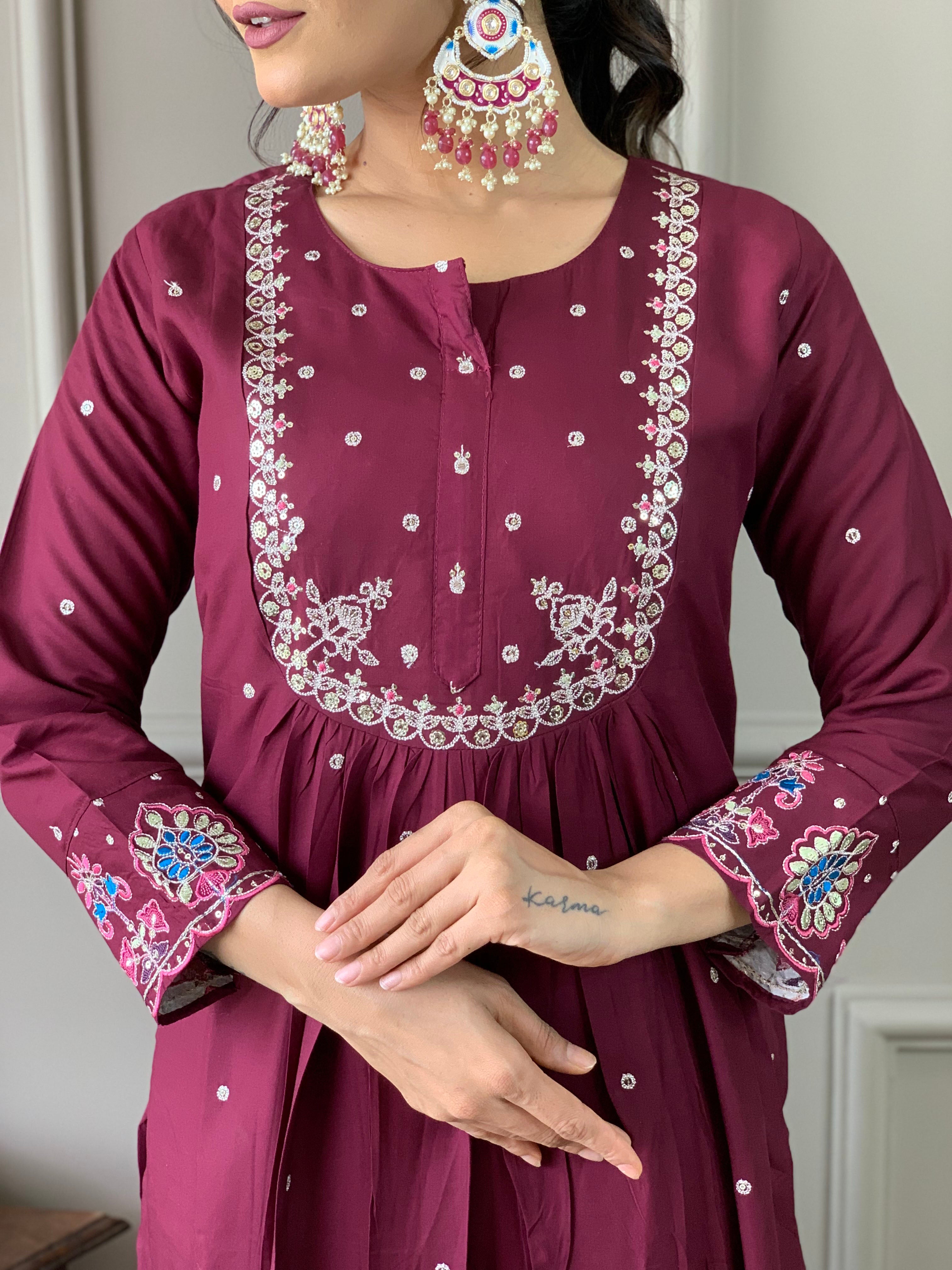 Traditional Maroon Embroidered Kurta Set with Printed Dupatta, 3 Piece Ethnic Wear for Women