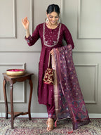 Traditional Maroon Embroidered Kurta Set with Printed Dupatta, 3 Piece Ethnic Wear for Women