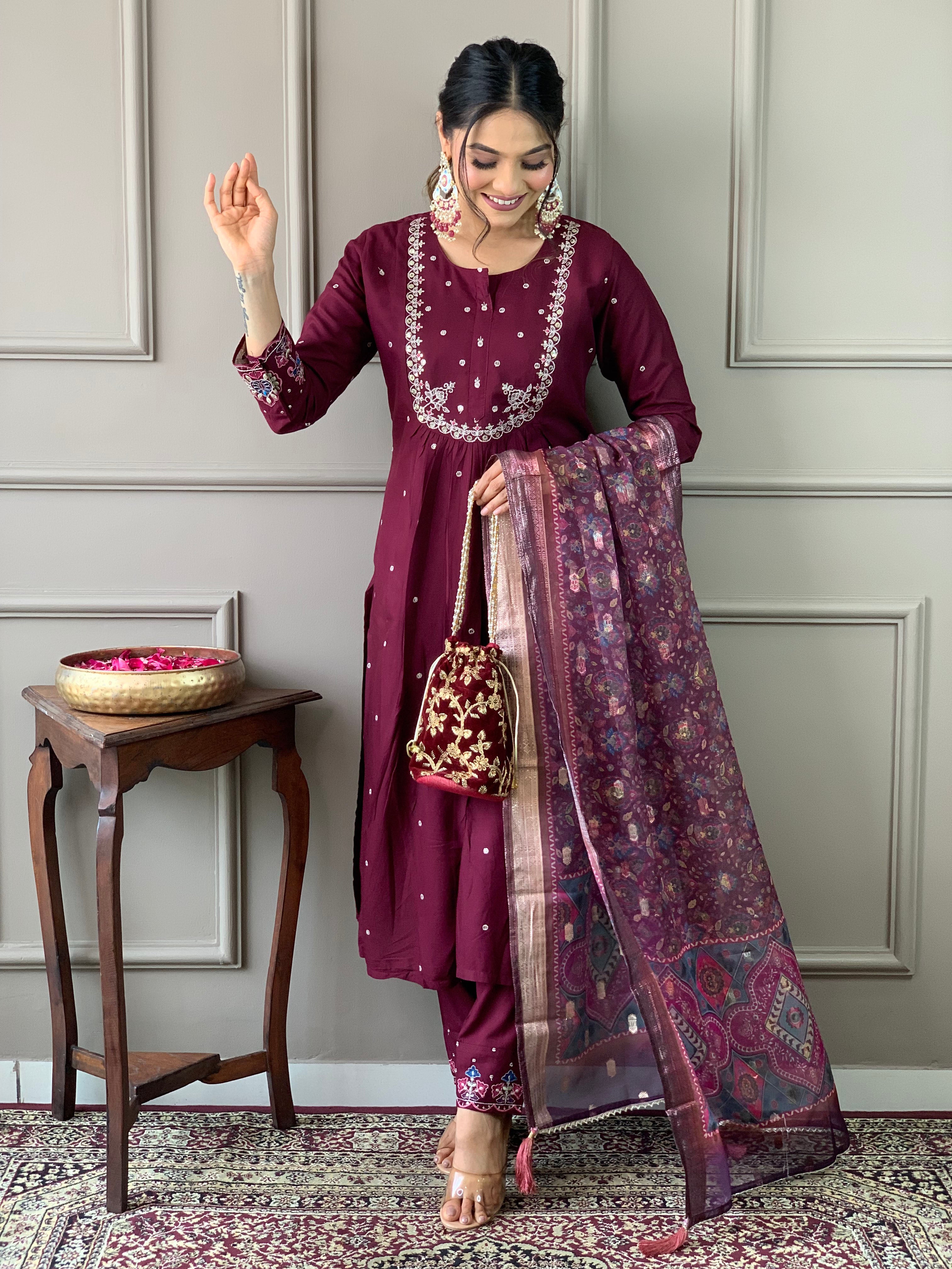 Traditional Maroon Embroidered Kurta Set with Printed Dupatta, 3 Piece Ethnic Wear for Women