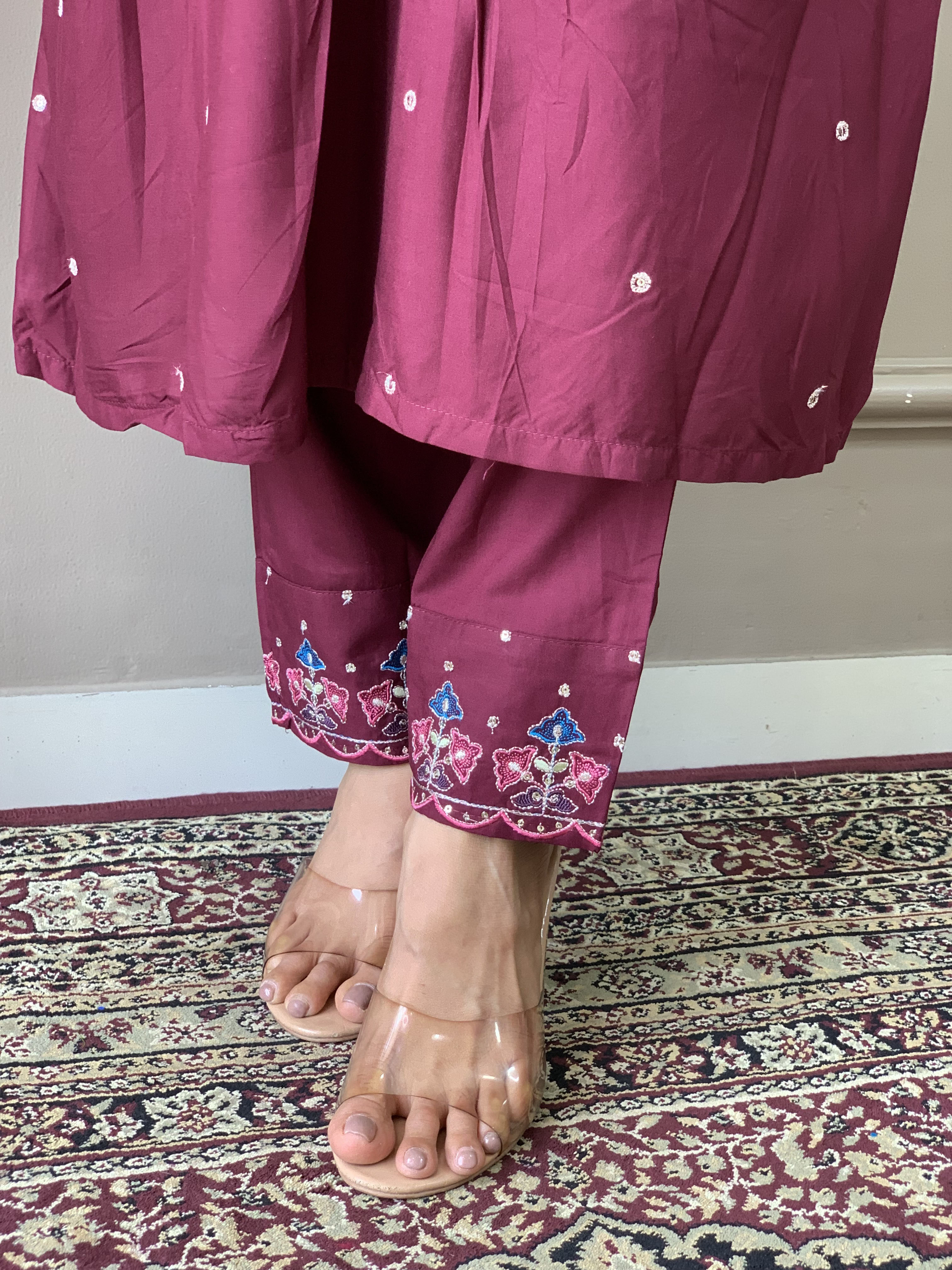 Traditional Maroon Embroidered Kurta Set with Printed Dupatta, 3 Piece Ethnic Wear for Women