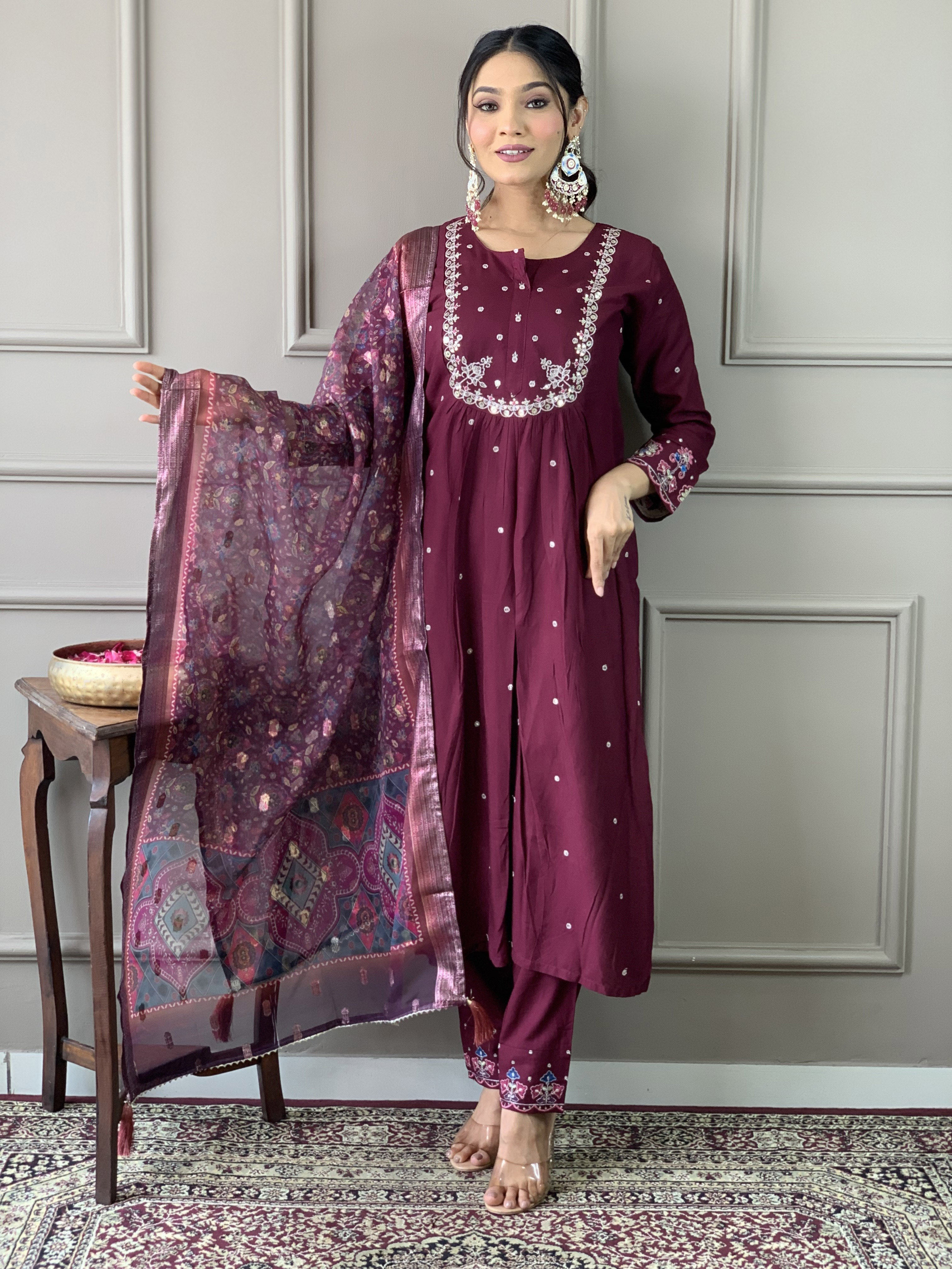 Traditional Maroon Embroidered Kurta Set with Printed Dupatta, 3 Piece Ethnic Wear for Women