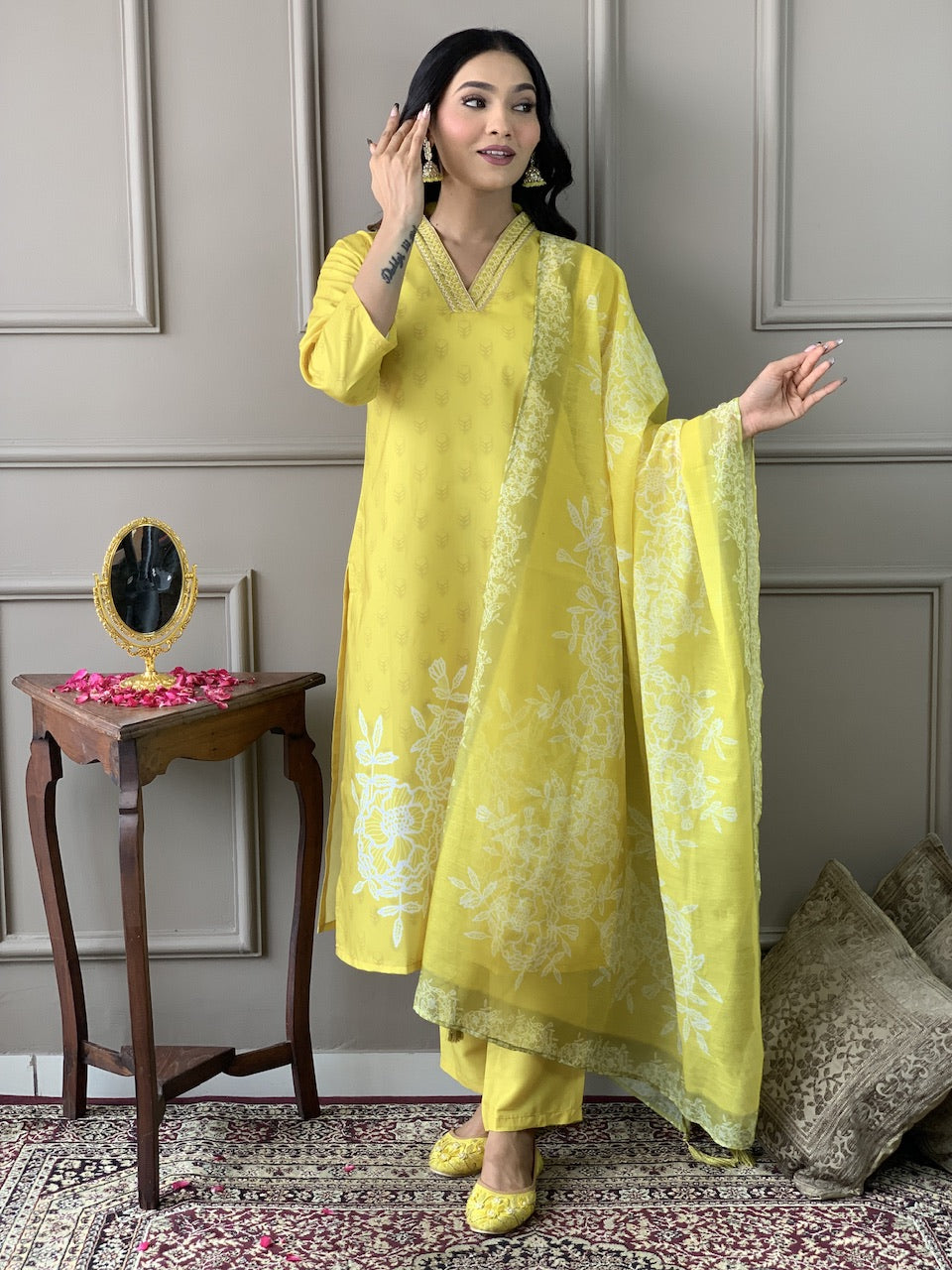 Women's Yellow Floral Embroidered Viscose Chanderi Kurta Set with Dupatta, 3/4 Sleeve, Regular Fit