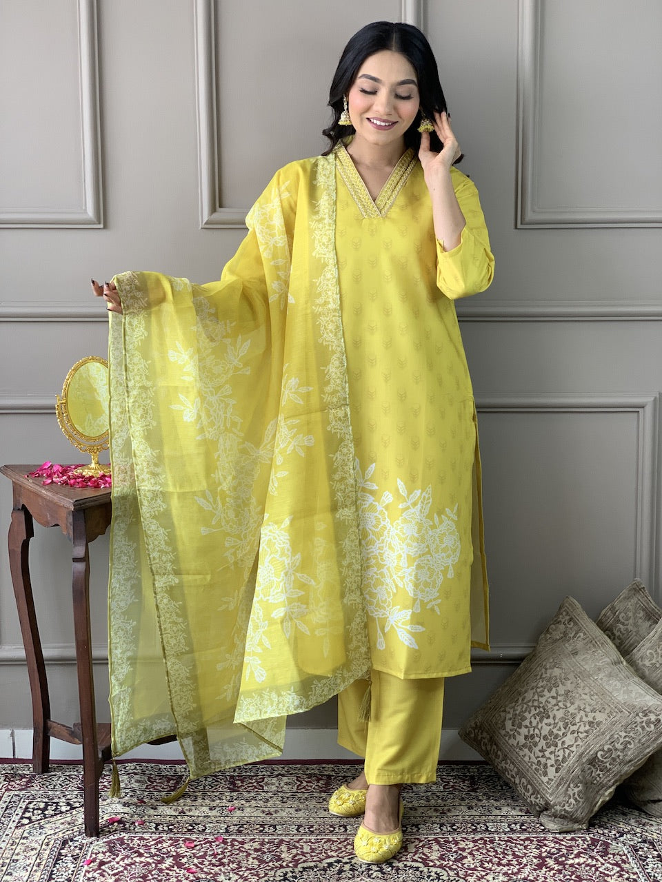 Women's Yellow Floral Embroidered Viscose Chanderi Kurta Set with Dupatta, 3/4 Sleeve, Regular Fit